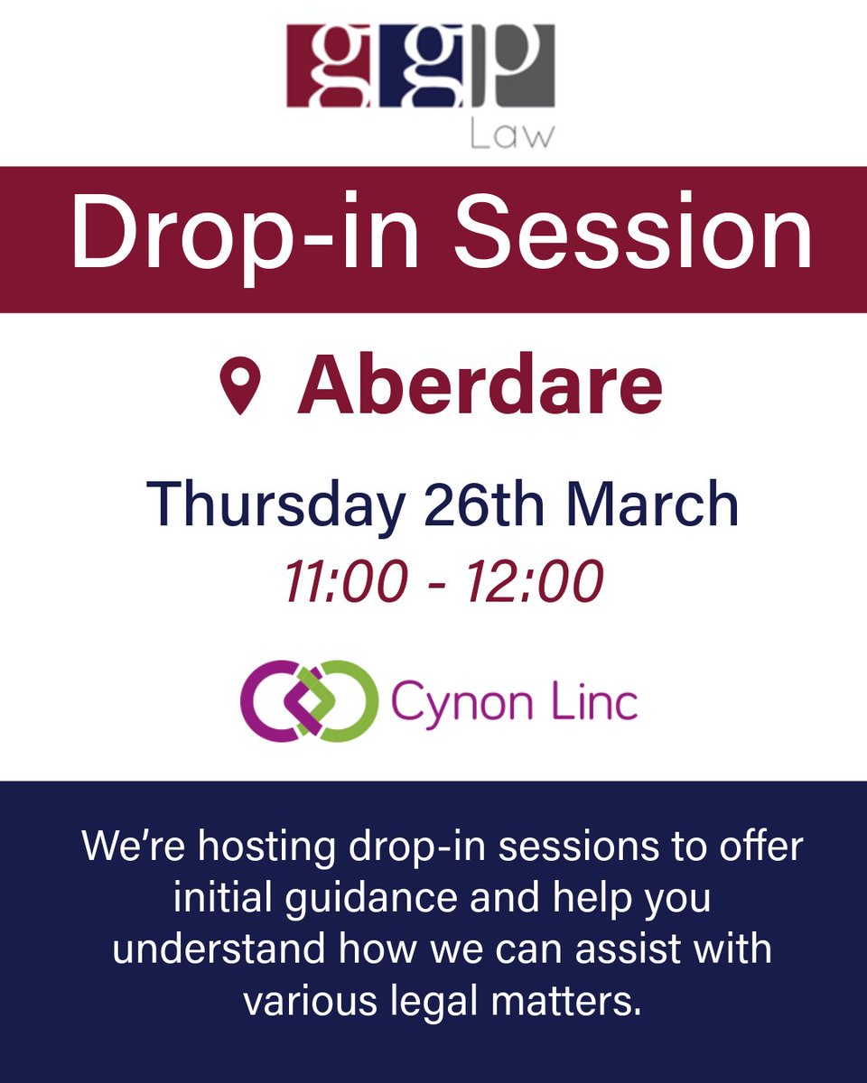 GGPLaw's tweet photo. TOMORROW we’ll be at @CynonLinc!

Drop in to discuss👇

✔️ Family law: Divorce and finances
✔️ Litigation: Landlord and tenant/property disputes
✔️ Conveyancing: Buying or selling a property
✔️ Private client services: Wills, LPAs, and probate

👉 https://t.co/f8H3hjNcVO https://t.co/1wTisgeWsc