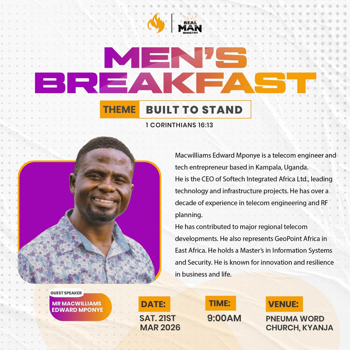 Godkind247's tweet photo. ALL MEN ARE INVITED FOR THE Men's breakfast.

Happening this Saturday, 9 AM at Pneuma Word Church, Kyanja. #BuiltToStand https://t.co/KspcXEZcol