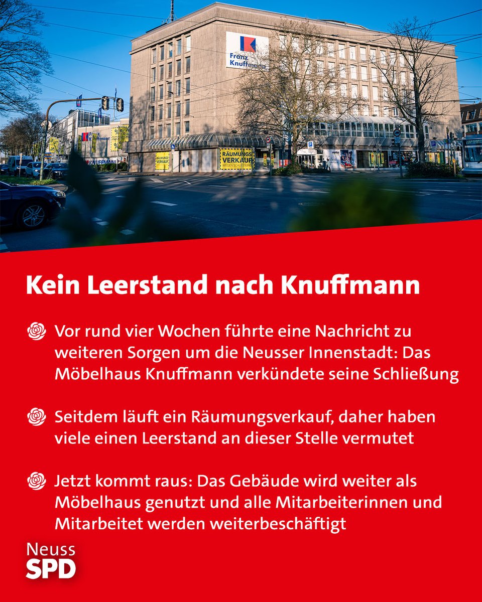 Gute Nachrichten aus dem Neusser Stadtrat ⚖️: Das Möbelhaus 🛋 am Theodor-Heuss-Platz wird nach dem aktuell laufenden Räumungsverkauf 💶 nicht lange leer stehen. Und alle Mitarbeiter werden auch weiter beschäftigt! 👍 Alle Hintergründe lest ihr hier 👉: spd-neuss.de/2026/03/20/kei…