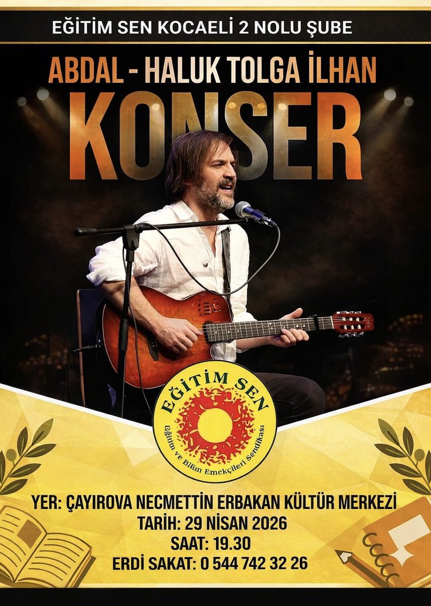 kocaeli_2nolu's tweet photo. 💐Baharın coşkusunu Haluk Tolga İlhan’ın eşsiz yorumuyla, türkülerle karşılıyoruz!

Anadolu’nun kadim sesini modern bir yorumla buluşturan Haluk Tolga İlhan, muhteşem performansı ve Abdal geleneğinden süzülen ezgileriyle şehrimize geliyor! 

Kalbe dokunan türküleri dinlemek ve unutulmaz bir müzik şöleni için yerinizi şimdiden ayırtın🤗🎶🌸

 📞Erdi Sakat
       05447423226

🗓️29 Nisan 2026, Çarşamba
⏰19:30
📍Çayırova Necmettin Erbakan Kültür Merkezi
@egitimsen @KESK1995 @abdalhaluktolga