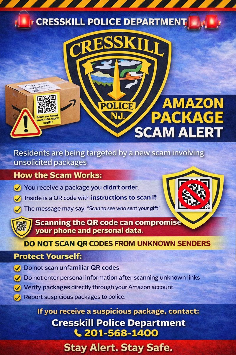 Amazon package QR Code scam Alert: Do not scan QR codes on packages or cards that you are unfamiliar with. This scam hacks your phone once you scan the QR code. Contact the Cresskill PD at 201-568-1400 to report an incidents. #Cresskill #Cresskillnj #QRCodeScam
