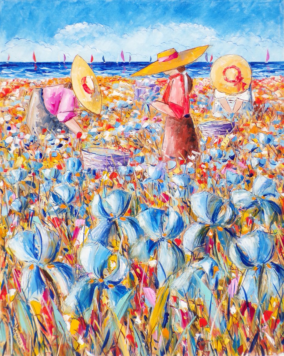 Pubblico un mio dipinto ad olio su tela , "Iris, figure e marina", cm 40x50.