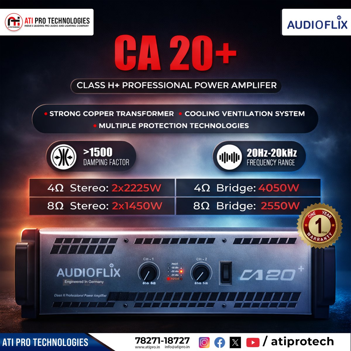 atiprotech's tweet image. Unleash powerful sound with the CA 20+ Amplifier 🔊🔥
High performance, stability &amp;amp; clarity built for professionals!
#ATIProTechnologies #Audioflix #ProAudio #PowerAmplifier