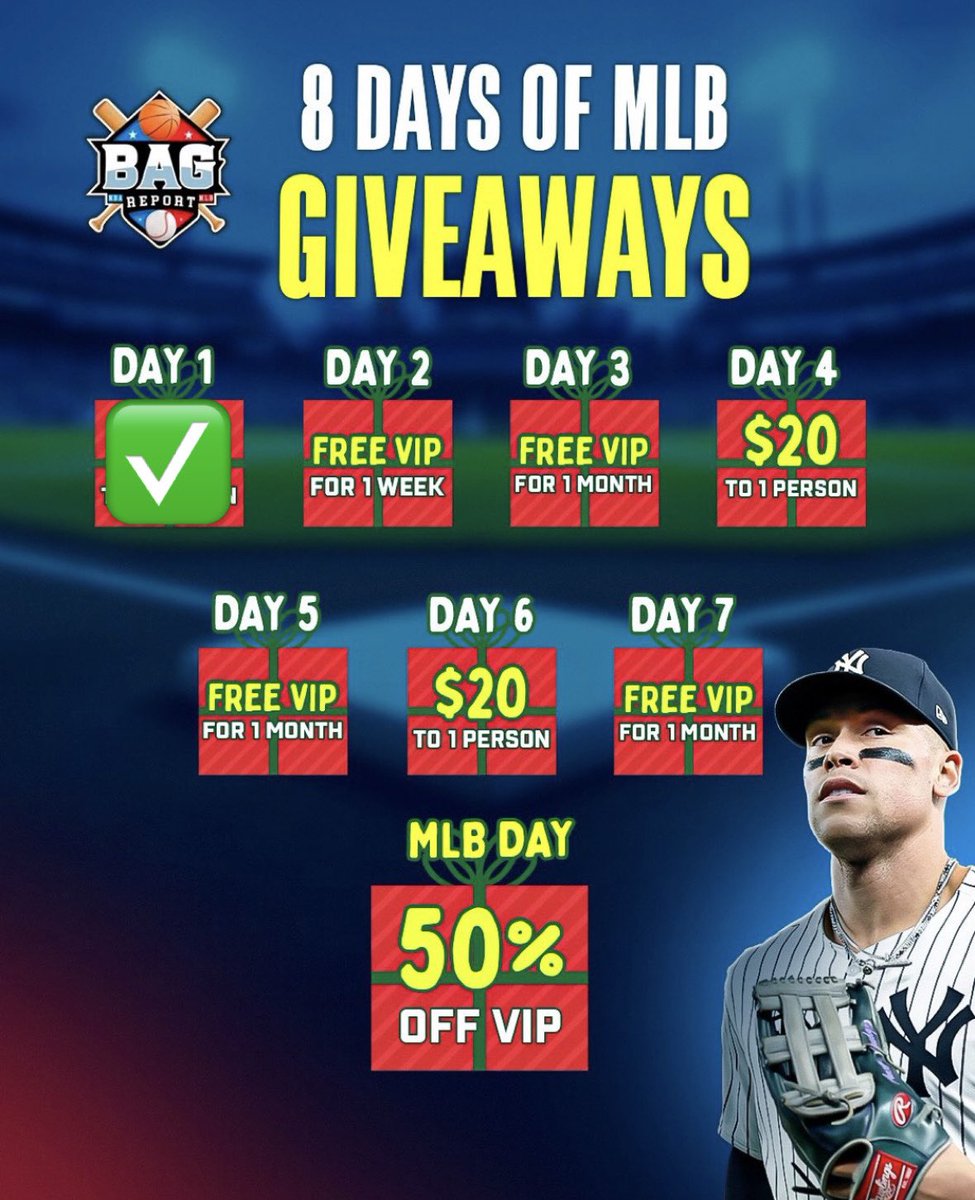 BagRBets's tweet photo. Day 1 completed ✅ Day 2 loading ⏰

8 Days of MLB Giveaways ⚾️

This year for the MLB I’m giving away over $300 and FREE premium to any lucky follower EVERY DAY who like and retweet ❤️♻️ my post until opening day

The blessings this year are going to be good, so you don’t want to miss out on any of these awesome gifts 🎁 

Tag a friend in the comments so they see this, and maybe you’ll have a better chance of ending up on the nice list 😉 

Use the link below to get some early access to the goodies we have right now for our limited sale 👇

https://t.co/wcxbcy65zF
