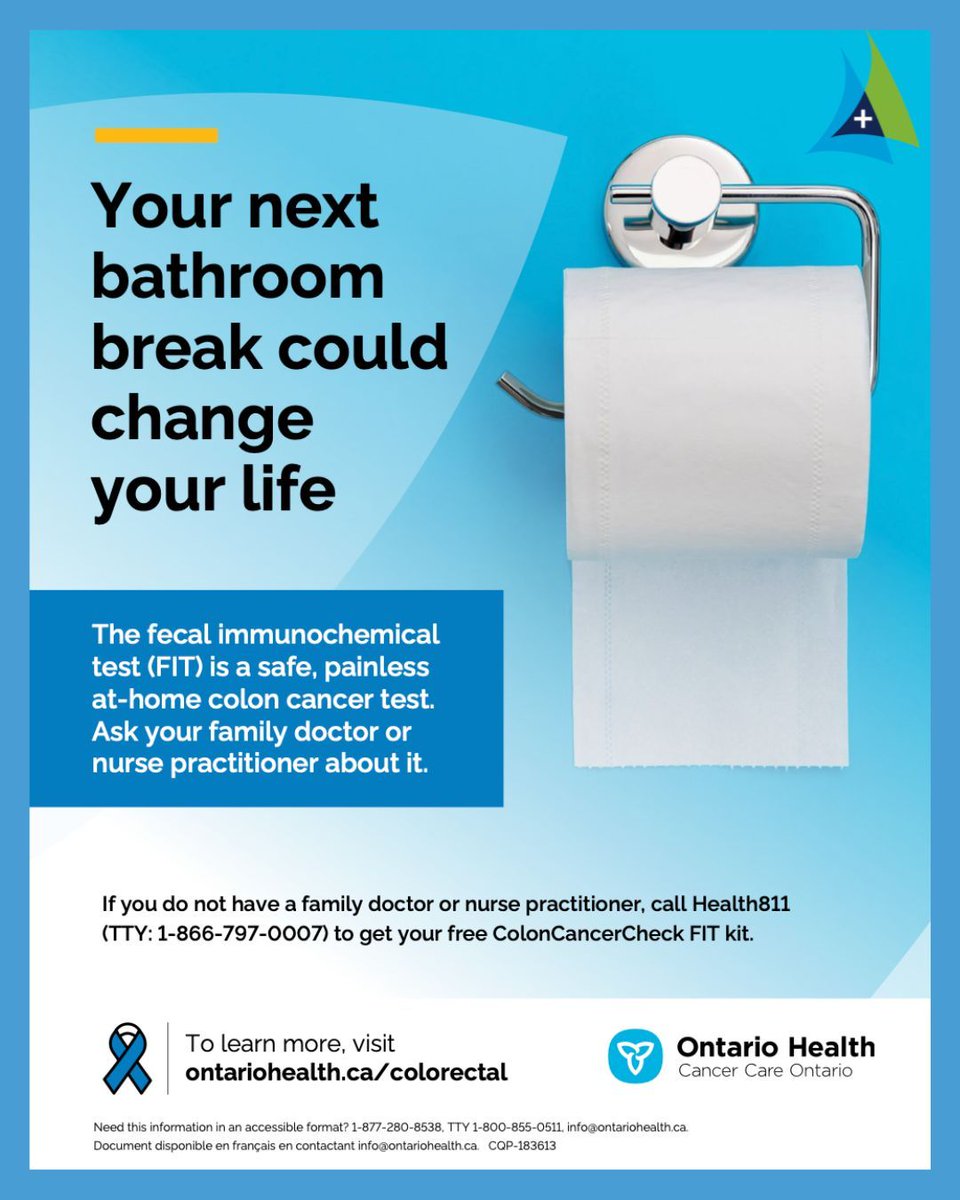 greybruce_oht's tweet photo. The FIT test is a simple, at-home screening for colorectal cancer. Early detection saves lives.
Ask your provider or call Health811 to get a free ColonCancerCheck kit.
#ColonCancerCheck #ScreeningSavesLives #PreventativeCare #OntarioHealth #GreyBruce #GBOHT https://t.co/DLn77HZpTR