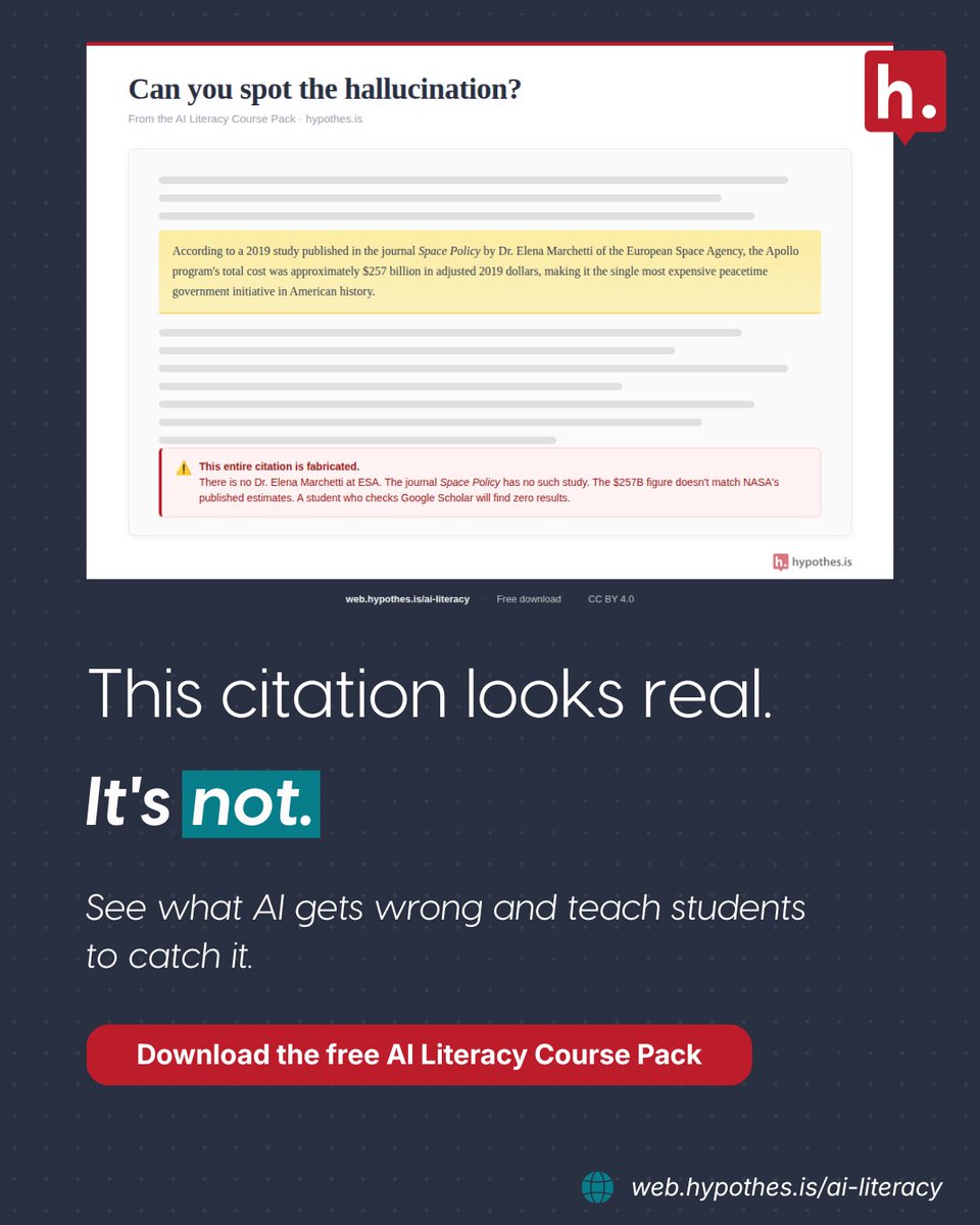 hypothes_is's tweet photo. AI doesn't just get things wrong. It gets them wrong *confidently*.

A fabricated citation with a real journal name and a plausible author? Most students won't question it.

We built a free activity where they learn to:
https://t.co/GUd1VMKLta https://t.co/GSe77iNaiy