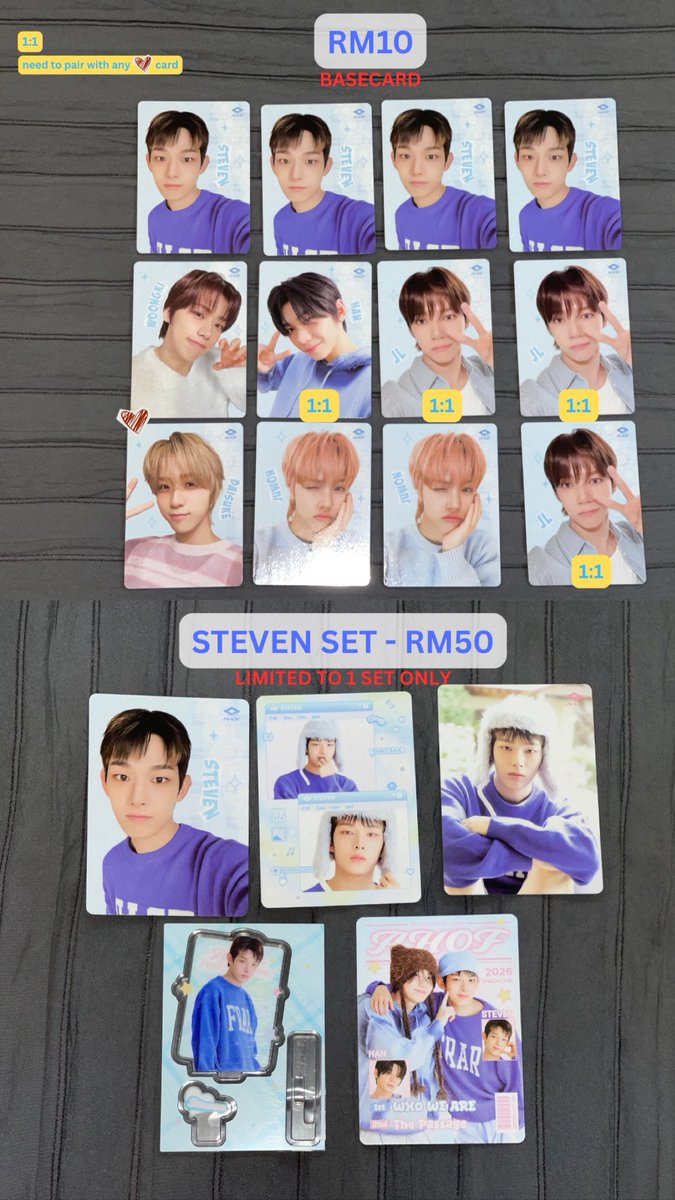AHOF Miimca Cards Extras WTS (please adopt🤭)

Open to:
⭐ Malaysians
⭐ K-Sarang KL go-ers (for foreigners: pay upfront via Wise > meet-up)

💙 Ratio: mix w/ any marked cards/goods
❣️ Serious buyers only

Reply below your card choices (no DM)

⬇️ Freebie info below

#pasarahof