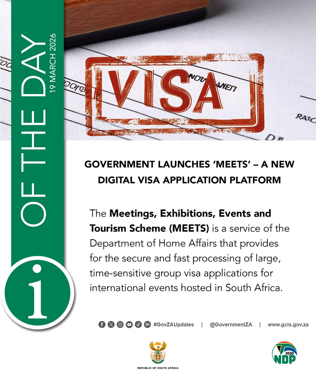 GovernmentZA's tweet photo. ✅ New Digital Visa Platform: MEETS
Secure and fast group visa processing for international events in South Africa.
#GovZAUpdates #HomeAffairs #MEETS #SmartVisa https://t.co/Seiar4luUN