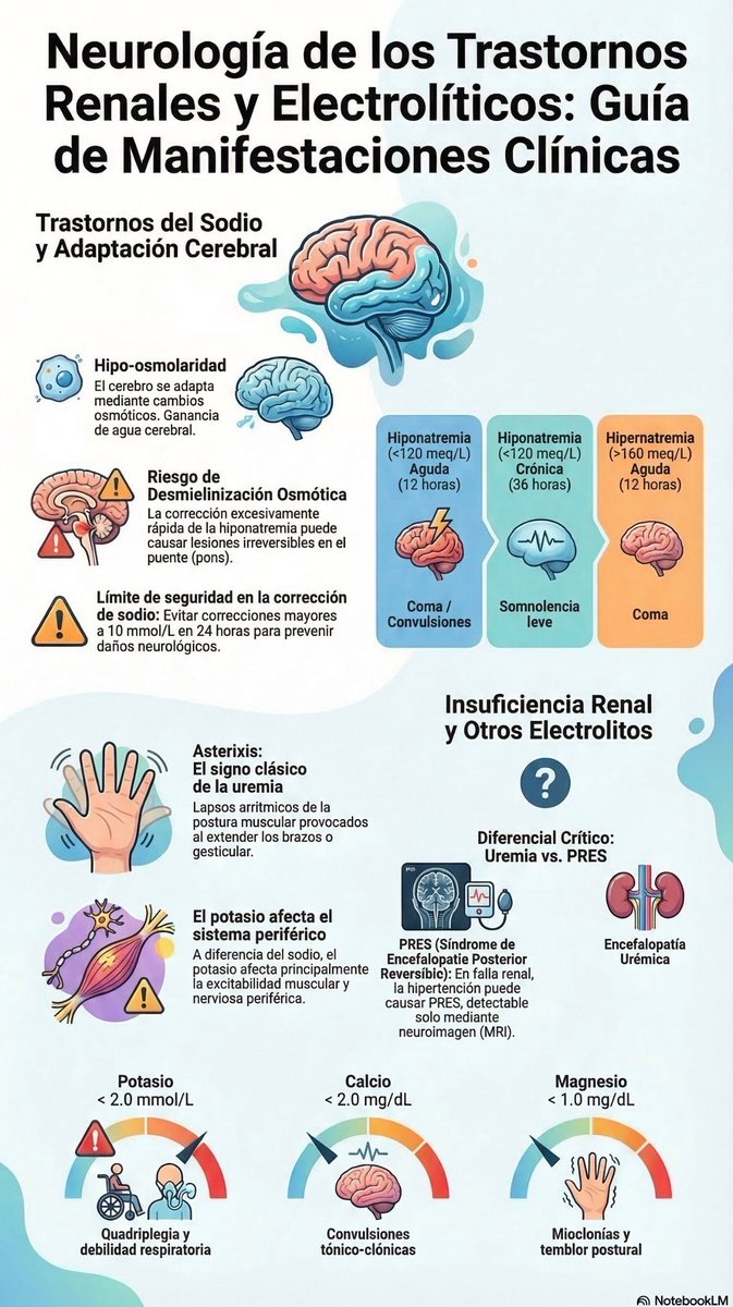 MarlonVFZR's tweet photo. 🧠🧪𝗥𝗶𝗻̃𝗼́𝗻 + 𝗲𝗹𝗲𝗰𝘁𝗿𝗼𝗹𝗶𝘁𝗼𝘀 + 𝗰𝗲𝗿𝗲𝗯𝗿𝗼: 𝗰𝘂𝗮𝗻𝗱𝗼 𝗹𝗼 “𝗺𝗲𝘁𝗮𝗯𝗼́𝗹𝗶𝗰𝗼” 𝗽𝗮𝗿𝗲𝗰𝗲 𝗻𝗲𝘂𝗿𝗼𝗹𝗼́𝗴𝗶𝗰𝗼🚨
@ContinuumAAN
👇🏼👇🏼👇🏼👇🏼
📑🔗🔑🔓
https://t.co/89ht2mBRSA
⬇️⬇️⬇️⬇️
🧵👇 

📌En hospital/UCI, las alteraciones de electrolitos y la falla renal suelen dar 𝙚𝙣𝙘𝙚𝙛𝙖𝙡𝙤𝙥𝙖𝙩𝙞́𝙖, 𝙘𝙤𝙣𝙫𝙪𝙡𝙨𝙞𝙤𝙣𝙚𝙨 𝙮 𝙙𝙚𝙗𝙞𝙡𝙞𝙙𝙖𝙙 😵‍💫⚡️💪.
📌 Regla de oro: no todo electrolito alterado explica el cuadro; importa la 𝙢𝙖𝙜𝙣𝙞𝙩𝙪𝙙, 𝙡𝙖 𝙧𝙖𝙥𝙞𝙙𝙚𝙯 𝙙𝙚𝙡 𝙘𝙖𝙢𝙗𝙞𝙤 y 𝙘𝙤́𝙢𝙤 𝙨𝙚 𝙘𝙤𝙧𝙧𝙞𝙜𝙞𝙤́.

🧂⬇️⬆️ 𝙎𝙤𝙙𝙞𝙤: 𝙚𝙡 𝙜𝙧𝙖𝙣 𝙥𝙧𝙤𝙩𝙖𝙜𝙤𝙣𝙞𝙨𝙩𝙖 𝙣𝙚𝙪𝙧𝙤𝙡𝙤́𝙜𝙞𝙘𝙤 🧠
🔵 𝙃𝙞𝙥𝙤𝙣𝙖𝙩𝙧𝙚𝙢𝙞𝙖: suele volverse sintomática cuando Na cae por debajo de 𝟭𝟮𝟬–𝟭𝟮𝟱 𝙢𝙢𝙤𝙡/𝙇 📉; puede dar somnolencia, delirium y convulsiones, sobre todo si cae rápido ⏱️⚠️.
🔴 𝙃𝙞𝙥𝙚𝙧𝙣𝙖𝙩𝙧𝙚𝙢𝙞𝙖: al subir mucho (p. ej., >𝟭𝟲𝟬 𝙢𝙢𝙤𝙡/𝙇) puede causar deterioro del estado de conciencia y coma 😴🌵.
📌 Clave: la 𝙝𝙞𝙥𝙤𝙣𝙖𝙩𝙧𝙚𝙢𝙞𝙖 es la alteración electrolítica más ligada a 𝙡𝙚𝙨𝙞𝙤́𝙣 𝙘𝙚𝙧𝙚𝙗𝙧𝙖𝙡 𝙞𝙧𝙧𝙚𝙫𝙚𝙧𝙨𝙞𝙗𝙡𝙚.

⚠️🧠 𝘾𝙤𝙧𝙧𝙚𝙘𝙘𝙞𝙤́𝙣 𝙙𝙚𝙡 𝙨𝙤𝙙𝙞𝙤: 𝙥𝙧𝙪𝙙𝙚𝙣𝙘𝙞𝙖 𝙨𝙞́… 𝙥𝙖́𝙣𝙞𝙘𝙤 𝙣𝙤 😬
La revisión recuerda que el 𝙨𝙞́𝙣𝙙𝙧𝙤𝙢𝙚 𝙙𝙚 𝙙𝙚𝙨𝙢𝙞𝙚𝙡𝙞𝙣𝙞𝙯𝙖𝙘𝙞𝙤́𝙣 𝙤𝙨𝙢𝙤́𝙩𝙞𝙘𝙖 por corrección rápida parece ser 𝙢𝙪𝙮 𝙧𝙖𝙧𝙤 📉, aunque sigue siendo razonable corregir con cautela, especialmente si:
🍺 alcoholismo
🥣 malnutrición
🧂 hipokalemia
🫄 hepatopatía avanzada
🎯 Mensaje práctico: evita la 𝙨𝙤𝙗𝙧𝙚𝙘𝙤𝙧𝙧𝙚𝙘𝙘𝙞𝙤́𝙣, pero tampoco te paralices.

🍌⬇️⬆️ 𝙋𝙤𝙩𝙖𝙨𝙞𝙤: 𝙢𝙖́𝙨 “𝙥𝙚𝙧𝙞𝙛𝙚́𝙧𝙞𝙘𝙤” 𝙦𝙪𝙚 𝙘𝙚𝙧𝙚𝙗𝙧𝙖𝙡 🫀💪
🟡 𝙃𝙞𝙥𝙤𝙠𝙖𝙡𝙚𝙢𝙞𝙖: los síntomas neurológicos suelen aparecer cuando K cae por debajo de 𝟮 𝙢𝙢𝙤𝙡/𝙇 😵‍💫. Puede dar calambres, dolor muscular, debilidad proximal, hasta 𝙘𝙪𝙖𝙙𝙧𝙞𝙥𝙡𝙚𝙟𝙞𝙖 y 𝙛𝙖𝙡𝙡𝙖 𝙧𝙚𝙨𝙥𝙞𝙧𝙖𝙩𝙤𝙧𝙞𝙖 🫁⚠️.
🔴 𝙃𝙞𝙥𝙚𝙧𝙠𝙖𝙡𝙚𝙢𝙞𝙖: lo primero casi siempre es 𝙘𝙖𝙧𝙙𝙞́𝙖𝙘𝙤 🫀⚡️ (ECG/arrítmias). La debilidad y miotonía pueden aparecer, pero usualmente el problema se detecta antes por el corazón.

🦴⚡ 𝘾𝙖𝙡𝙘𝙞𝙤: 𝙩𝙚𝙩𝙖𝙣𝙞𝙖, 𝙚𝙨𝙩𝙧𝙞𝙙𝙤𝙧 𝙮 𝙘𝙤𝙣𝙫𝙪𝙡𝙨𝙞𝙤𝙣𝙚𝙨 🧠
🔵 𝙃𝙞𝙥𝙤𝙘𝙖𝙡𝙘𝙚𝙢𝙞𝙖 𝙨𝙚𝙫𝙚𝙧𝙖 puede empezar con:
🤲 parestesias en manos/pies/perioral
✋ espasmos carpopedales
😮‍💨 estridor laríngeo
⚡ convulsiones cuando el calcio es muy bajo
🔴 𝙃𝙞𝙥𝙚𝙧𝙘𝙖𝙡𝙘𝙚𝙢𝙞𝙖 𝙨𝙚𝙫𝙚𝙧𝙖 (p. ej., >14 mg/dL) puede dar:
😴 letargo
🤯 confusión
😵 estupor/coma
📌 Ojo: la hipoalbuminemia baja el calcio total, pero no siempre da síntomas si el ionizado está preservado.  

🧲✨ 𝙈𝙖𝙜𝙣𝙚𝙨𝙞𝙤 𝙮 𝙛𝙤́𝙨𝙛𝙤𝙧𝙤: 𝙡𝙤𝙨 “𝙤𝙡𝙫𝙞𝙙𝙖𝙙𝙤𝙨” 𝙦𝙪𝙚 𝙨𝙞́ 𝙞𝙢𝙥𝙤𝙧𝙩𝙖𝙣 🧩
🟣 𝙃𝙞𝙥𝙤𝙢𝙖𝙜𝙣𝙚𝙨𝙚𝙢𝙞𝙖 (<1.7 mg/dL): puede dar
⚡ mioclonías
🫨 temblor postural
💪 debilidad
🚨 predisposición a convulsiones
🟤 𝙃𝙞𝙥𝙚𝙧𝙢𝙖𝙜𝙣𝙚𝙨𝙚𝙢𝙞𝙖: suele manifestarse con
📉 hiporreflexia/areflexia
💪 debilidad progresiva
😶 a veces compromiso facial o bulbar
🟢 𝙃𝙞𝙥𝙤𝙛𝙤𝙨𝙛𝙖𝙩𝙚𝙢𝙞𝙖: puede dar 𝙙𝙚𝙗𝙞𝙡𝙞𝙙𝙖𝙙 y 𝙘𝙤𝙣𝙫𝙪𝙡𝙨𝙞𝙤𝙣𝙚𝙨 cuando cae mucho; además puede producir 𝙙𝙚𝙗𝙞𝙡𝙞𝙙𝙖𝙙 𝙙𝙞𝙖𝙛𝙧𝙖𝙜𝙢𝙖́𝙩𝙞𝙘𝙖 e impedir el destete del ventilador 🫁❌.
🔴 𝙃𝙞𝙥𝙚𝙧𝙛𝙤𝙨𝙛𝙖𝙩𝙚𝙢𝙞𝙖 aguda suele acompañarse de 𝙝𝙞𝙥𝙤𝙘𝙖𝙡𝙘𝙚𝙢𝙞𝙖 y tetania.

🫘🧠 𝙁𝙖𝙡𝙡𝙖 𝙧𝙚𝙣𝙖𝙡: 𝙣𝙤 𝙘𝙪𝙡𝙥𝙚𝙨 𝙨𝙞𝙚𝙢𝙥𝙧𝙚 𝙖 𝙡𝙖 “𝙪𝙧𝙚𝙢𝙞𝙖” 🚫
En insuficiencia renal con encefalopatía o convulsión, no todo es uremia:
👀 piensa también en 𝙋𝙍𝙀𝙎
💊 𝙣𝙚𝙪𝙧𝙤𝙩𝙤𝙭𝙞𝙘𝙞𝙙𝙖𝙙 𝙥𝙤𝙧 𝙘𝙚𝙛𝙚𝙥𝙞𝙢𝙚
🩸 𝙝𝙚𝙢𝙖𝙩𝙤𝙢𝙖 𝙨𝙪𝙗𝙙𝙪𝙧𝙖𝙡
La uremia típica da:
😴 estupor
🤯 inatención
🫨 mioclonías
✋ asterixis

📌 Mensaje final: en estos pacientes hay que preguntarse siempre 𝙦𝙪𝙚́ 𝙘𝙖𝙢𝙗𝙞𝙤́, 𝙦𝙪𝙚́ 𝙨𝙚 𝙘𝙤𝙧𝙧𝙞𝙜𝙞𝙤́, y 𝙦𝙪𝙚́ 𝙤𝙩𝙧𝙤 𝙙𝙞𝙖𝙜𝙣𝙤́𝙨𝙩𝙞𝙘𝙤 𝙣𝙚𝙪𝙧𝙤𝙡𝙤́𝙜𝙞𝙘𝙤 𝙥𝙤𝙙𝙧𝙞́𝙖 𝙘𝙤𝙚𝙭𝙞𝙨𝙩𝙞𝙧.

‼️Si te sirve: ❤️ Me gusta | 🔁 Repost | ➕ Follow para más #MedED en #ClubCrit 😄🧠🫶

📚📖 Más en el blog #ClubCrit 👉 [https://t.co/I6C5tAlFC5]

#ClubCrit #Neurocritical #Neurology #Electrolytes #Hyponatremia #Hypernatremia #Hypokalemia #Hyperkalemia #Hypocalcemia #Hypercalcemia #Magnesium #Phosphate #weaning #NeuroX #Diagnosis #ICU #CriticalCare #CuidadoCrítico #MedTwitter #CritCare #Diagnóstico #icu #intensivecare #diagnosis #management #UCI #Tratamiento #MedicinaBasadaEnEvidencia #POCUS #MedEd #Medicina #Emergencias #FOAMed #FOAMcc #MedX #IntensiveCare #EducaciónMédica #MedIntensiva #MedXCommunity #MedicinaCrítica #MedED #CritCare #ICUmanagement #MustRead #LecturaRecomendada