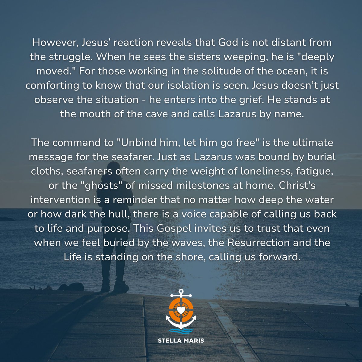 StellaMarisOrg's tweet image. As Lent continues, we share a reflection by chaplain Gregory Hogan on the Raising of Lazarus and what it means for seafarers facing isolation, waiting and hardship at sea. A reminder that even in the darkest moments, we are not alone and are called forward into hope and new life.