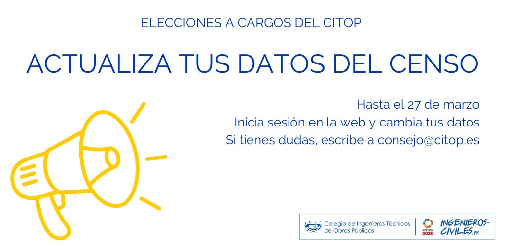 IngCivilFund's tweet image. Elecciones en el CITOP: hasta el 27 de marzo, actualiza tus datos (especialmente email y teléfono) del Censo para el voto electrónico.

Accede a tu sesión privada o escribe a consejo@citop.es

Conoce la última información sobre los comicios en ingenieros-civiles.es/colegio/elecci…

#SoyCITOP