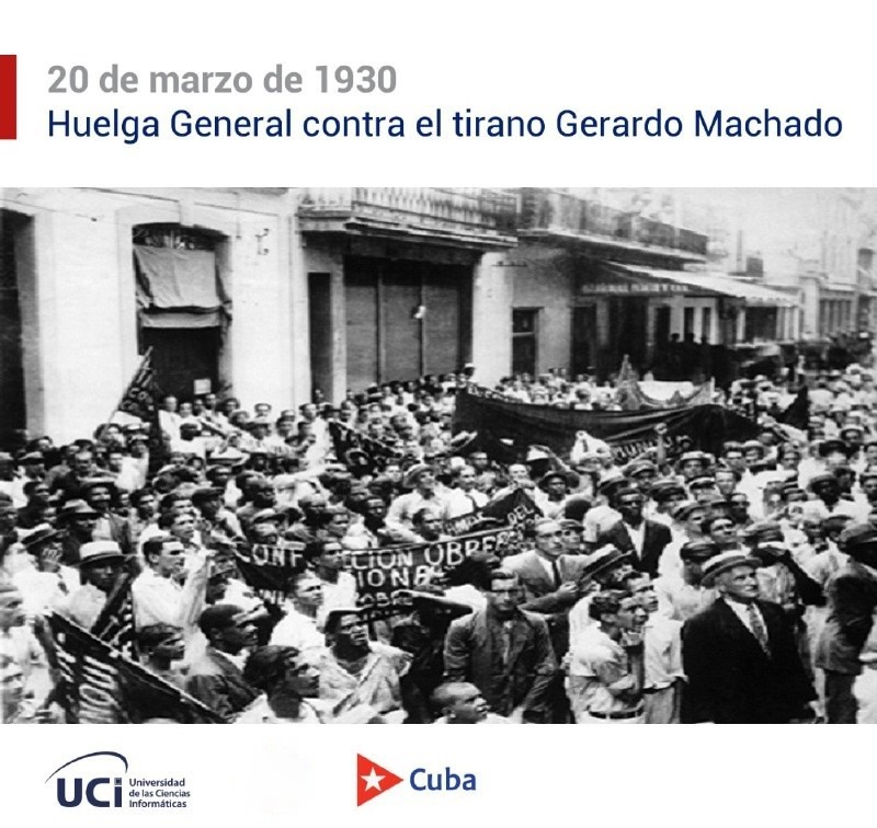#UnDíaComoHoy 20 de marzo de 1930, fue La primera huelga general, organizada por el Partido Comunista de #Cuba y la Confederación Nacional Obrera, bajo la conducción de #RubénMartínezVillena, fue el inicio del fin de la dictadura de Gerardo Machado. 
 #SomosUCI #Cuba