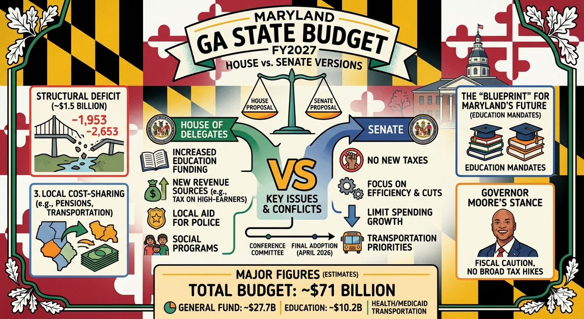 MosheLandman's tweet photo. Maryland's FY2027 budget debate intensifies. With a $1.5B deficit, the House and Senate are split. The House pushes for higher education funding and new taxes, while the Senate wants fiscal caution and no broad tax hikes. 
Final adoption is near! 
#MDbudget #MDpolitics #MGLA https://t.co/UESL8mihEy