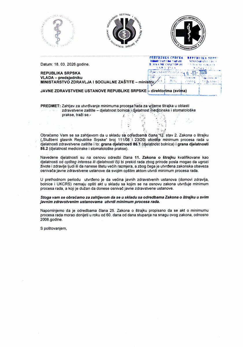 ZSsdmrs's tweet photo. Uputili smo zahtjev Vladi RS i direktorima zdravstvenih ustanova da utvrde minimum procesa rada u skladu sa Zakonom o štrajku. To je obaveza osnivača i garant sigurnosti pacijenata. #zdravstvo #minimumprocesarada https://t.co/emGkB4znNL