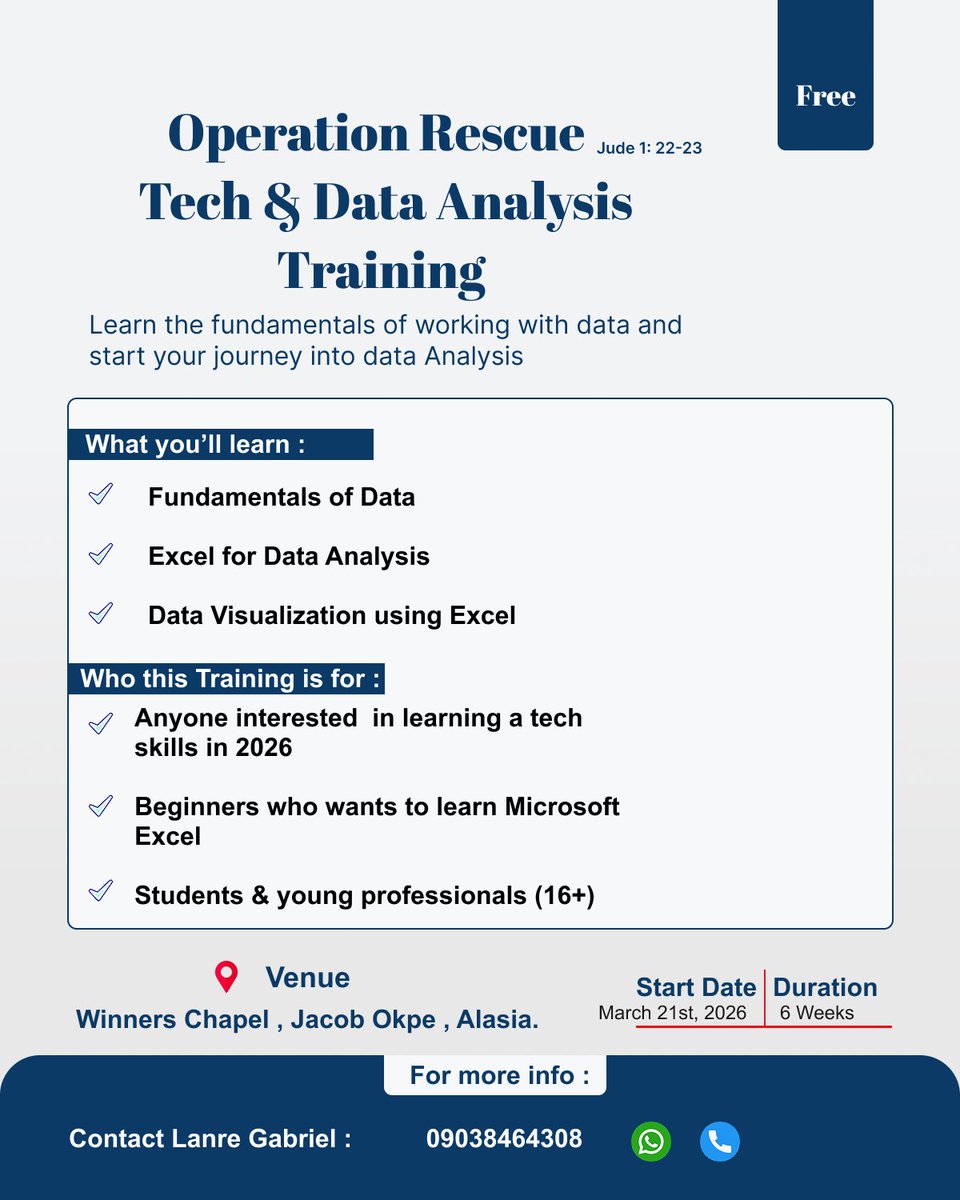 Olanrewaju_gab's tweet image. Hi #datafam,

We will be starting from the beginning.

It's beginner friendly physical training.

No one willing to learn, shall be left behind.

#datafam #datanalytics #operationrescue