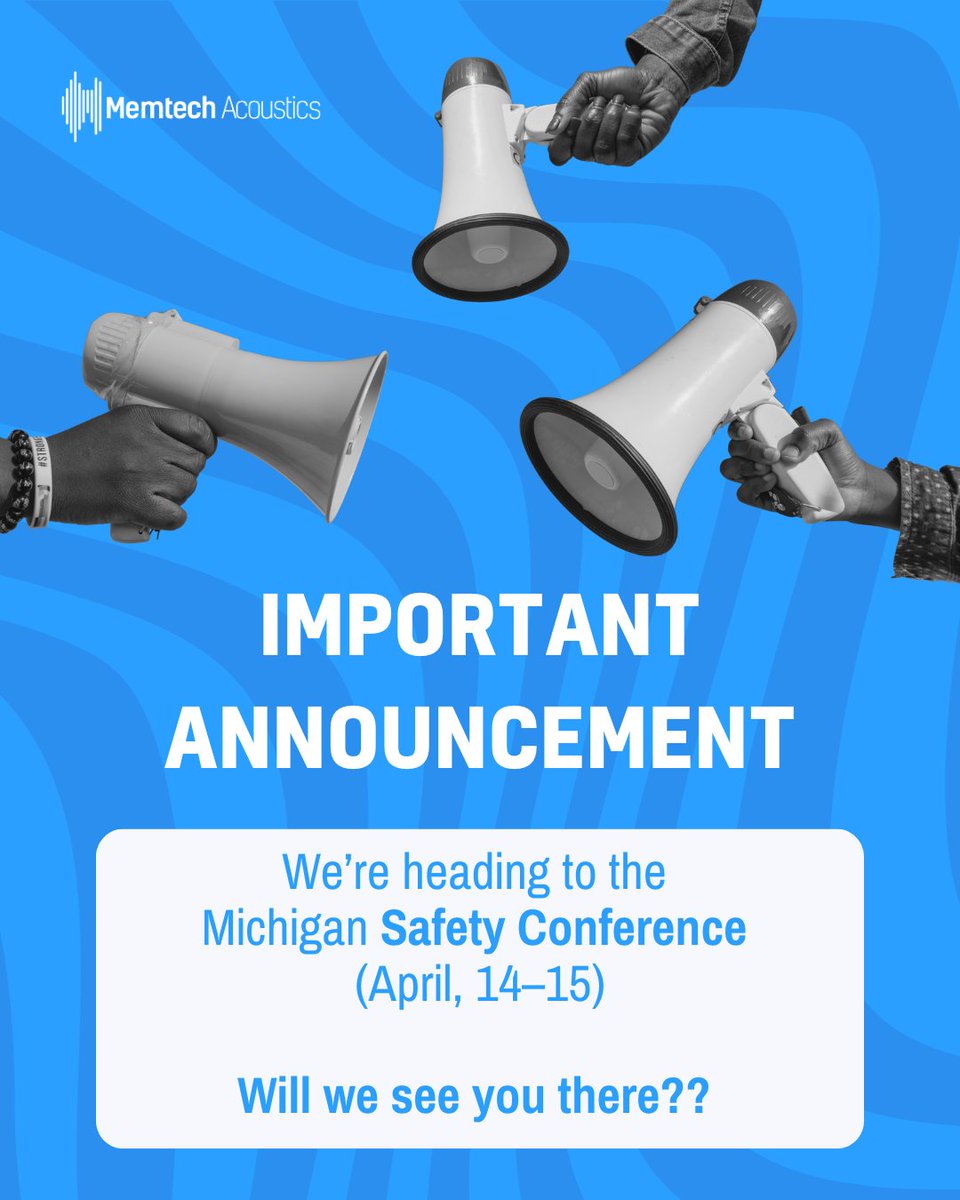 memtechX's tweet photo. Memtech Acoustics will be at the Michigan Safety Conference, April 14–15.

Looking forward to discussions around engineered sound control and its role in workplace safety.
sales@memtechacoustics.com | (248) 289-1123 https://t.co/4qshyabDr4