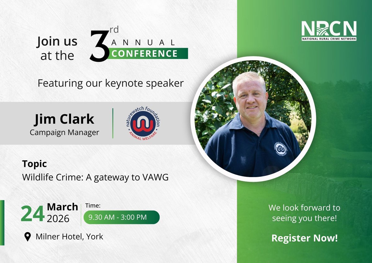 RuralCrimeNtwk's tweet photo. At NRCN Conference 2026, Jim Clark (@Naturewatch_org) shares insights on tackling wildlife crime, its links to organised rural crime, and enforcement challenges.
Learn from a leading expert and join the conversation
Register now: https://t.co/SUFGItPUby https://t.co/O4t2oZM0FE
