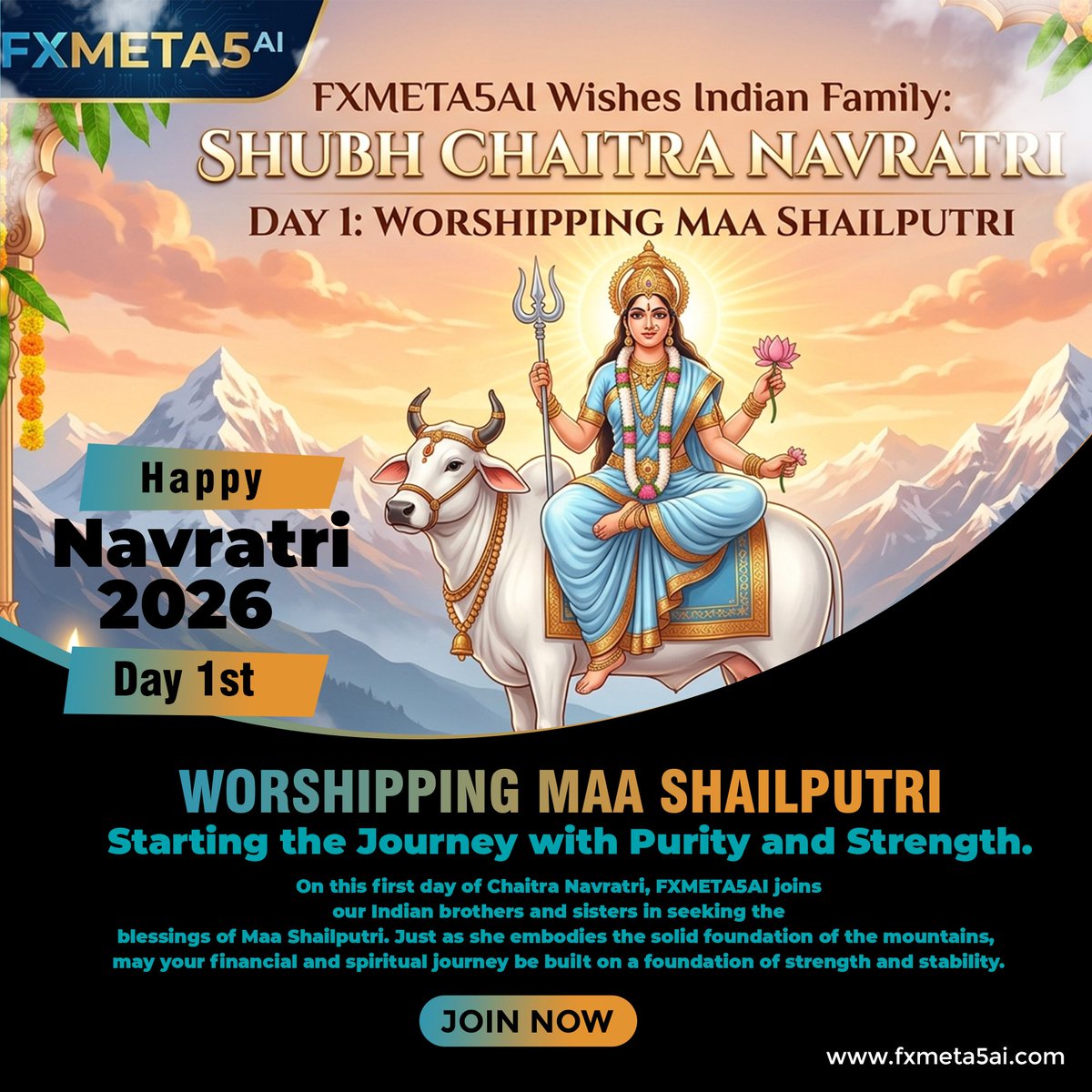 fxmeta5ai's tweet photo. Celebrating the beginning of Chaitra Navratri! 🙏 Day 1 is dedicated to Maa Shailputri, the embodiment of strength and purity. May her blessings bring peace and prosperity to all. 🏔️✨

#Navratri #ChaitraNavratri #MaaShailputri #Day1 #HinduFestival #Devotion #IndianCulture https://t.co/PkfRSbU8Pt