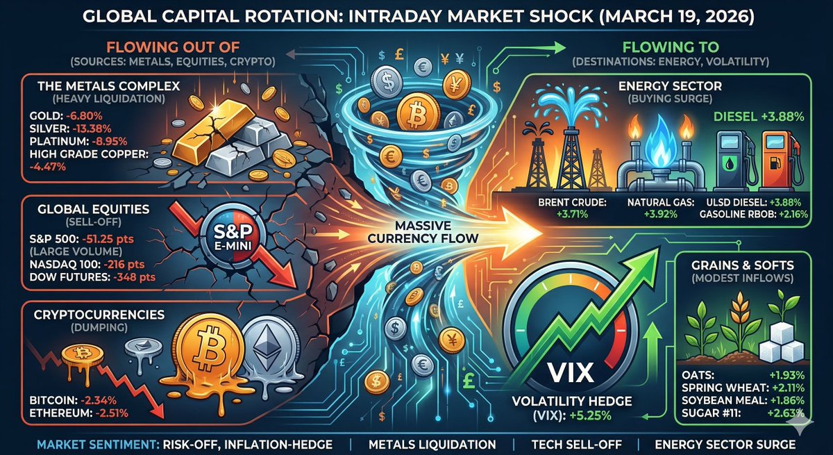 SynthTrading's tweet photo. Massive intraday capital rotation unfolding right now. 
We are seeing a violent risk-off shockwave across the board. Capital is aggressively fleeing metals, equities, and crypto, and pouring directly into energy and volatility hedges.

📉 OUT: Silver (-13.3%), Gold (-6.8%), Nasdaq, BTC 
📈 IN: VIX (+5.2%), Brent Crude (+3.7%), NatGas

Classic inflation-shock sentiment. See the visual breakdown of the flows below. 👇

#Gold #SPX #BTC #Commodities #VIX #oil