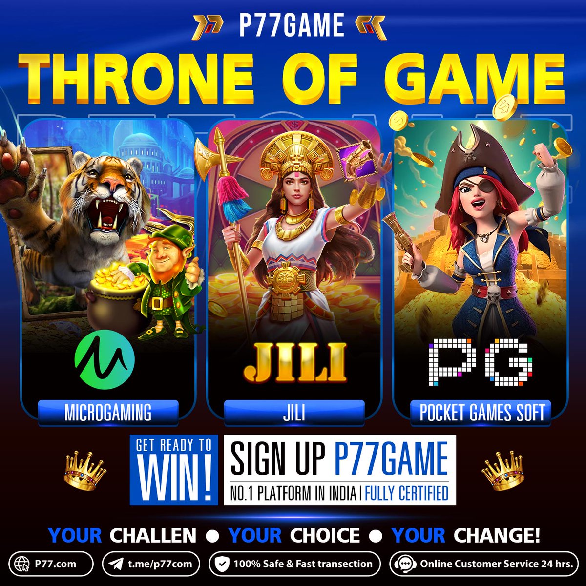 P77Game's tweet photo. 👑P77GAME—The Throne of Kings Has Arrived!

🔥Featuring three top gaming giants:
🐅MICROGAMING—Wild beasts unleashed, endless gold awaits!
👸JILI—The Goddess descends, divine power, nonstop big wins!
🏴‍☠️POCKET GAMES SOFT (PG)—Set sail for treasure and live your golden dream! https://t.co/DodsmQ5zhE