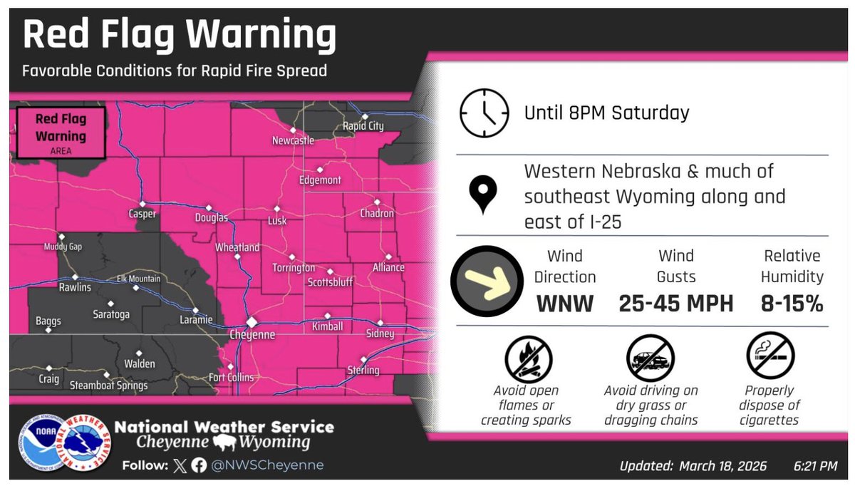 FarmPolicy's tweet image. 1/ Ag weather highlights from the @usda_oce, March 19:

On the #Plains, dry weather accompanies record-setting #warmth. Additionally, a significantly elevated #wildfire threat continues in eastern Wyoming and portions of neighboring states.

bit.ly/3Rn0a2F