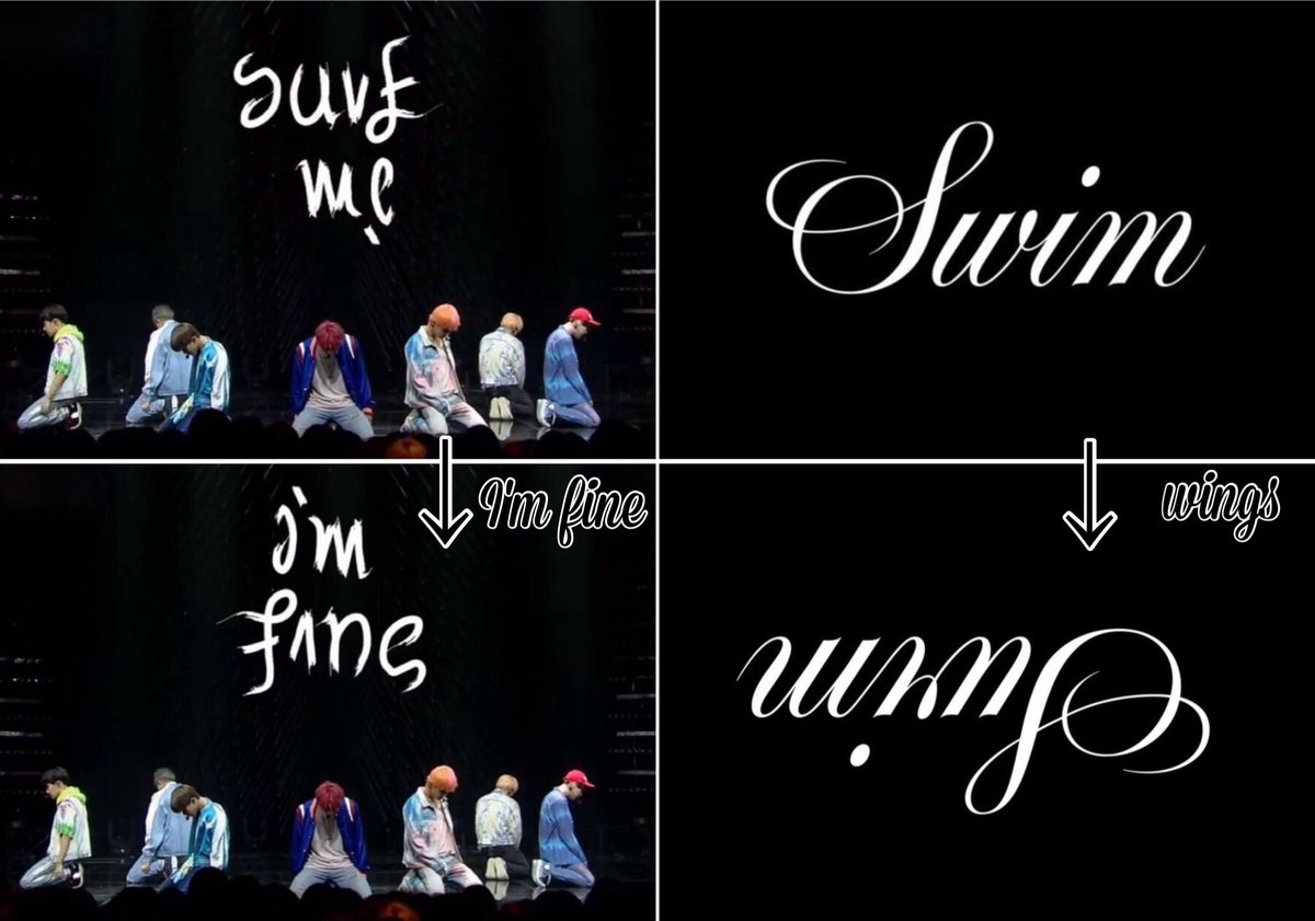 0613__yfeBTS's tweet photo. ｢Swim｣ をひっくり返すと ｢Wings｣ になるって気づいたアミすごいな……

｢Save ME｣ をひっくり返したら ｢I'm Fine｣ になった時みたいに繋がってたら震える https://t.co/lchmeyISee