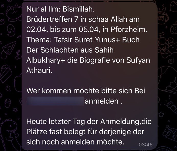 luk_bre's tweet image. Die #Salafisten-Gruppe #NuralIlm aus dem Raum #Bremen organisiert das nächste mehrtägig „Brüdertreffen“ in #Pforzheim (#BadenWürttemberg). Zuvor wurden diese Seminare z.B. in #Lübeck, #Kiel oder #Gütersloh organisiert. #Islamismus #Salafismus