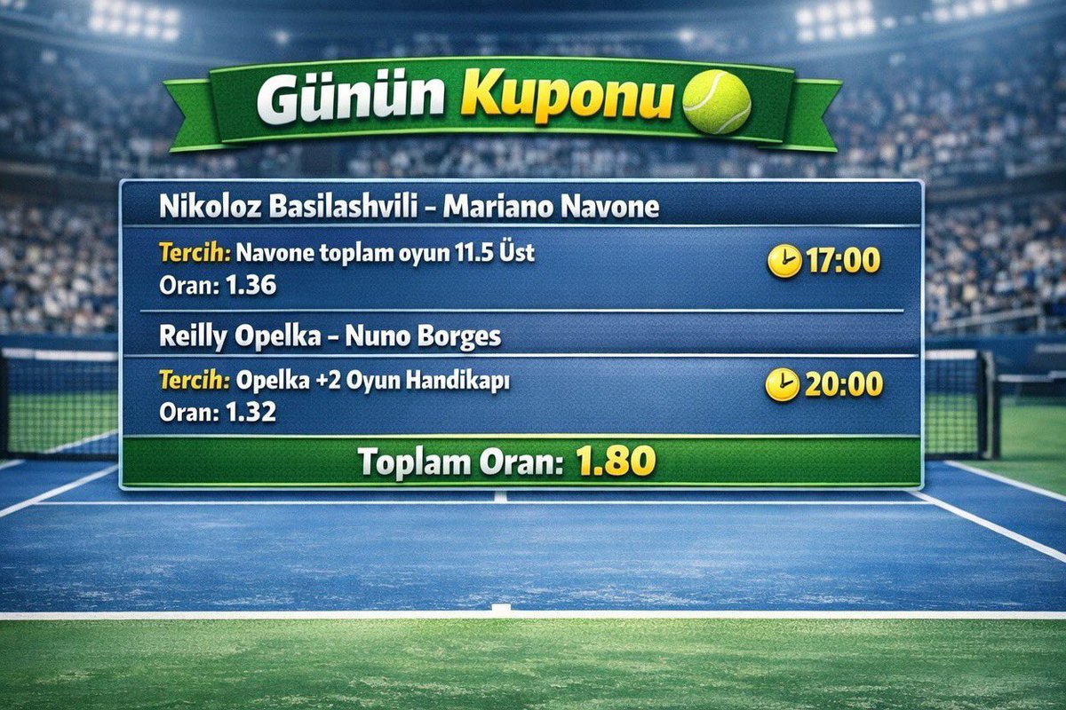 Bugünkü Kuponumuz 🎾

İadesiz kazanırsak 21x21,000₺ cash 💰 

İyi şanslar 🍀