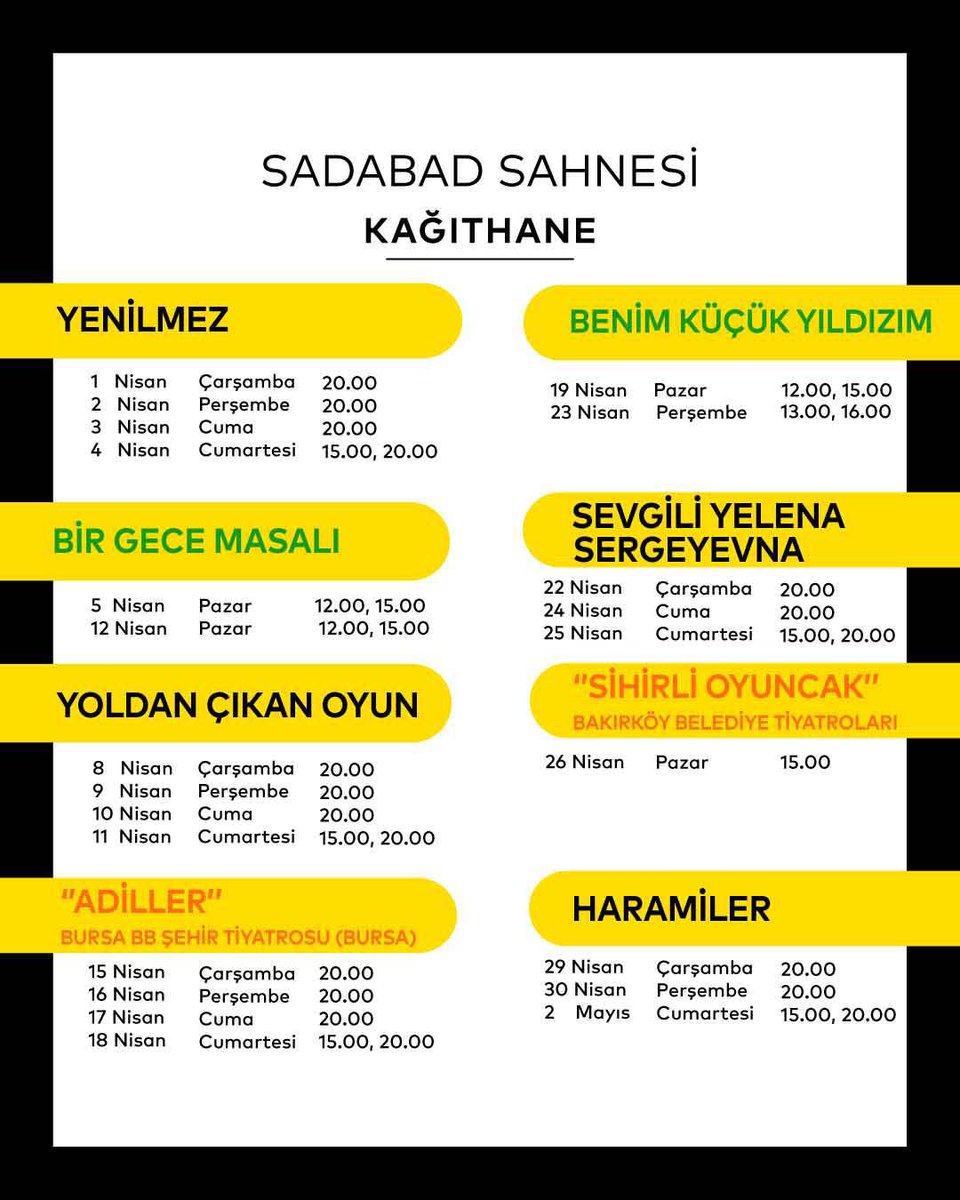 sehir_tiyatrosu's tweet photo. Avrupa Yakası sahnelerimizde Nisan ayı programımız sizlerle. 💛

Nisan ayı biletlerimizi, 24 Mart Salı günü saat 11.00’den itibaren web sayfamızdan, gişelerimizden ve Biletinial platformundan satın alabilirsiniz.

23 ve 26 Nisan tarihlerinde sahnelenecek tüm çocuk oyunlarımız, Çocuk Şenliği kapsamında ücretsiz olarak seyircilerimizle buluşacaktır. Davetiyeler 14 Nisan Salı günü itibarıyla seyircilerimizin erişimine açılacaktır.

Sanatla dolu günlerde buluşmak dileğiyle. 🎭

#ŞehirTiyatroları #İstanbul