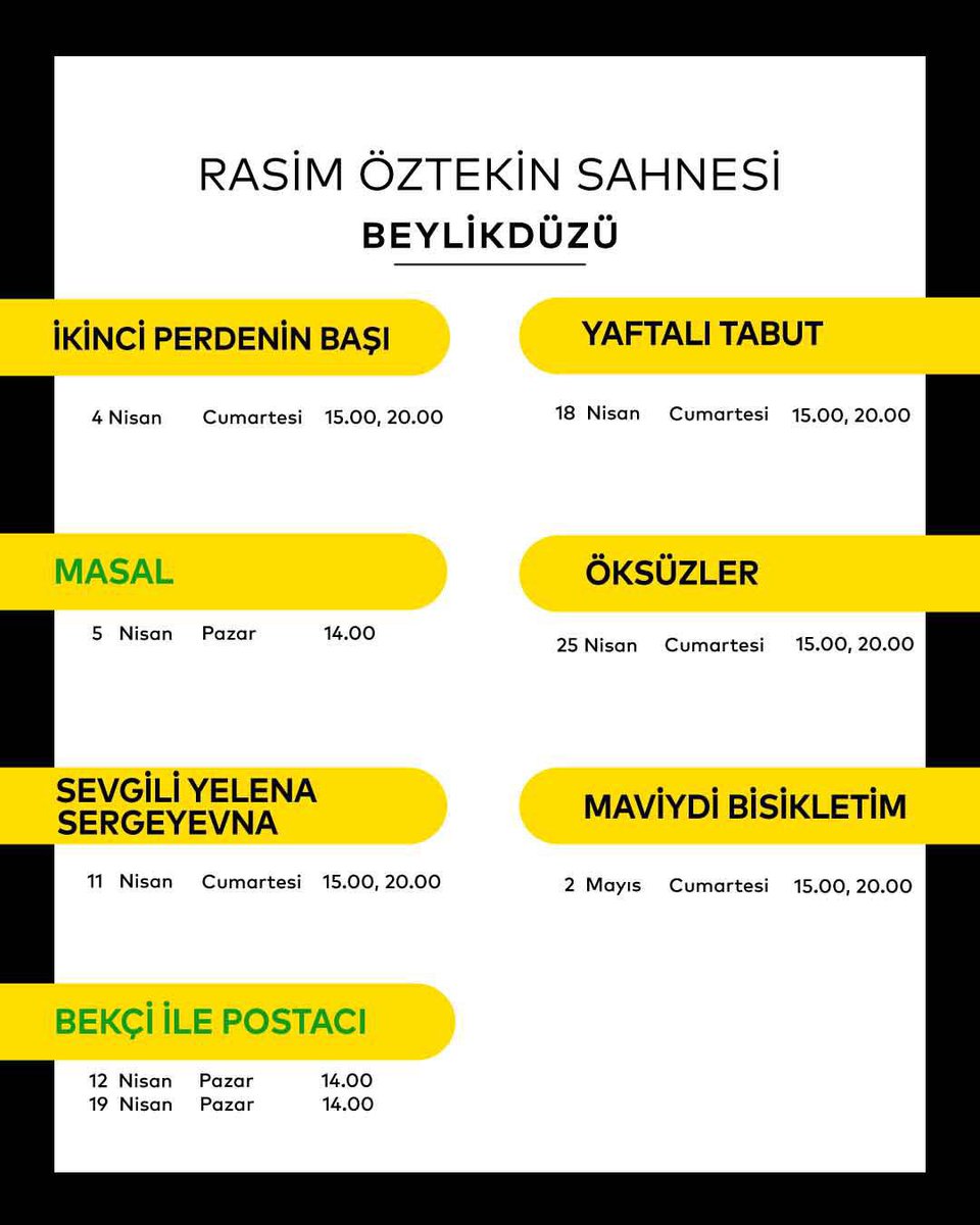 Avrupa Yakası sahnelerimizde Nisan ayı programımız sizlerle. 💛

Nisan ayı biletlerimizi, 24 Mart Salı günü saat 11.00’den itibaren web sayfamızdan, gişelerimizden ve Biletinial platformundan satın alabilirsiniz.

23 ve 26 Nisan tarihlerinde sahnelenecek tüm çocuk oyunlarımız,