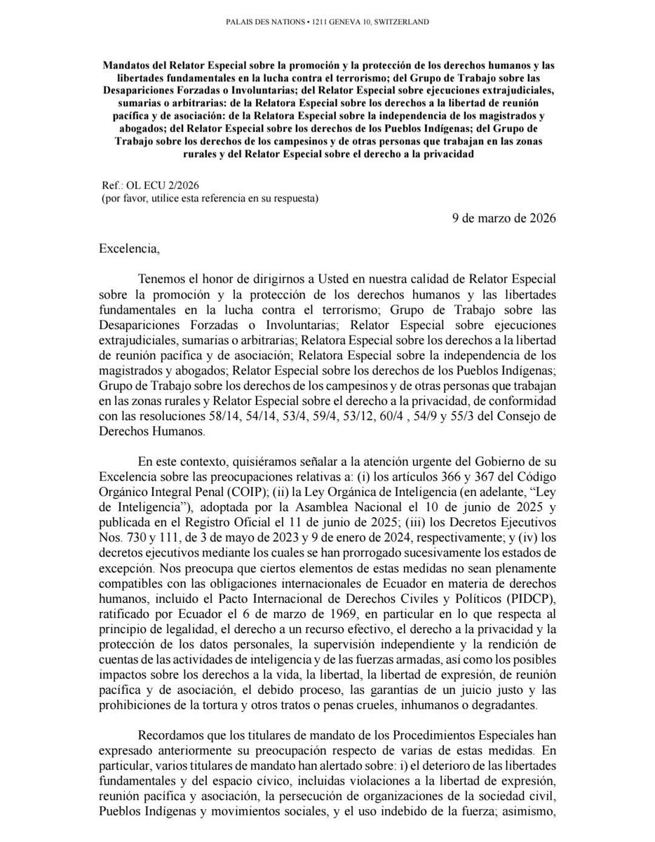 🚨Pronunciamiento de Naciones Unidas sobre la situación del Estado de derecho en Ecuador 
Ocho relatores de Naciones Unidas han dirigido una extensa y crítica comunicación al gobierno de <a href="/DanielNoboaOk/">Daniel Noboa Azin</a>

spcommreports.ohchr.org/TMResultsBase/…

Léanlo 👉👉👉 es muy importante