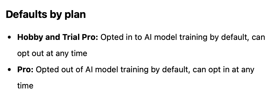Nice. Opt-in by default. Vercel follows OpenAI. I guess it's time to say farewell.