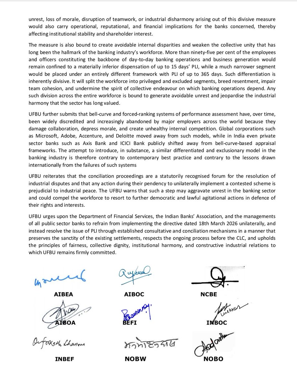 #UFBU Press Release on DFS directive on #PLI to Officers in Scale IV and above undermines Conciliation Process, Impacts Institutional and Threatens Industrial Harmony