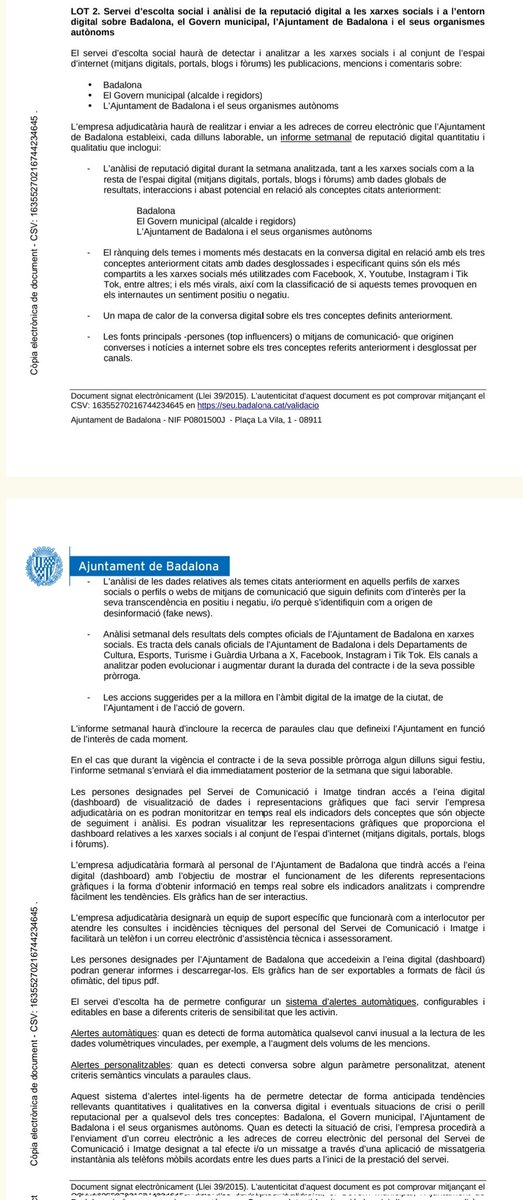 dpani1994's tweet photo. LICITACIÓN SERVICIO SEGUIMIENTO DE NOTICIAS Y ANALISIS DE BADALONA ✅
💸 90k
⏳ 2 años
No entiendo que se haga seguimiento también de noticias sobre el alcalde y sus regidores, incomprensible. 
#Badalona #TeamBadalona https://t.co/pIQBZBCjYh