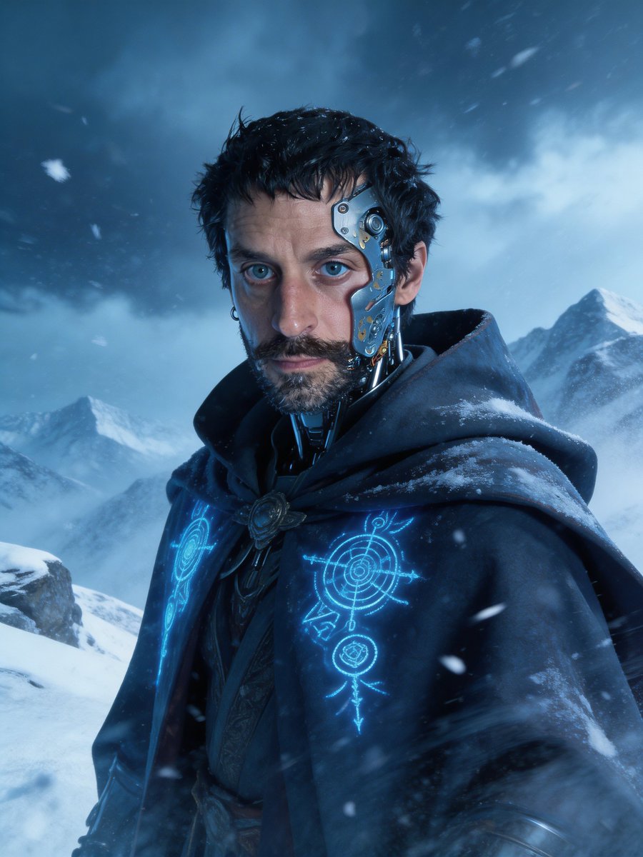 ohmexperiments's tweet photo. "Marcel as a bionic wizard in a blizzard on top of the Snowy Mountains" was created using a simple selfie and @higgsfield in combination with @Photoshop and some creative prompting. #ohm #ai #portrait #ohmexperiments #thisisepitome https://t.co/SJzlhRzGY4