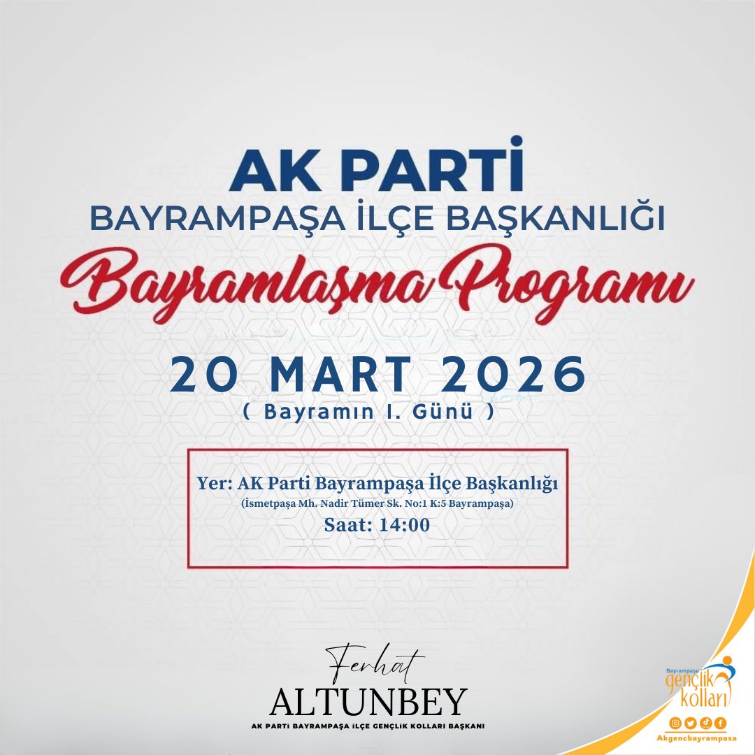 Bayramın sevincini, kardeşliğin sıcaklığını birlikte paylaşmaya hazır mıyız? 🤝✨

AK Parti Bayrampaşa İlçe Başkanlığımızın düzenlediği bayramlaşma programında buluşuyoruz! 🎉

📅 20 Mart 2026
🕌 Bayramın 1. Günü
⏰ 14:00
📍 İlçe Başkanlığımız

Gelin, bayramın bereketini birlikte