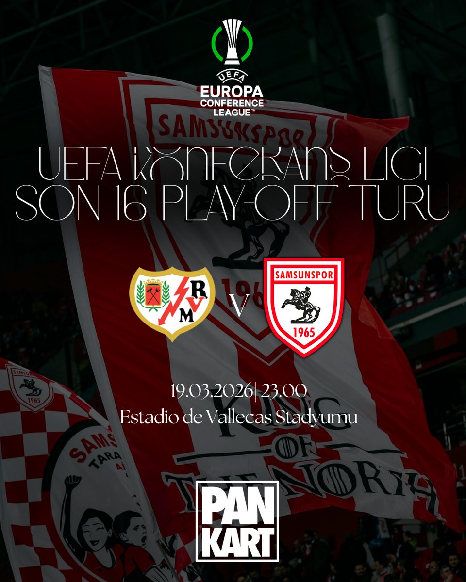 PankartTv's tweet photo. 🚨MATCH DAY! 🚨

👉🏻Atatürklü Arma Avrupa sahnesinde! Son 16 play-off turu

⚽️ # #RayoVallecano 🆚 #Samsunspor 

⏰️Maç Saati | 23.00

📺 Pankart TV | Youtube

🙏🏻Kanala abone olmayı unutma https://t.co/uG86YFasXv