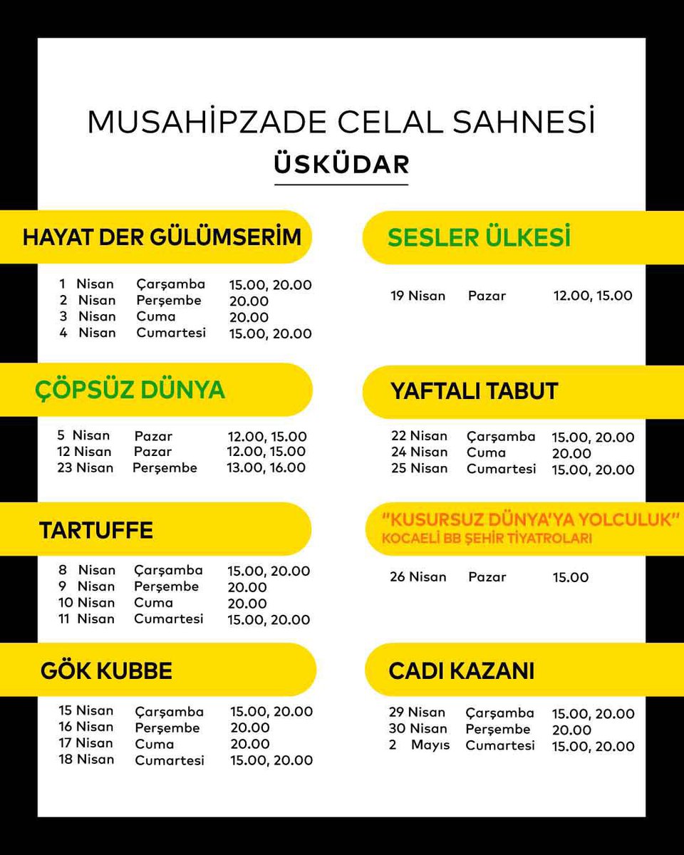 Anadolu Yakası sahnelerimizde Nisan ayı programımız sizlerle. 💛

Nisan ayı biletlerimizi, 24 Mart Salı günü saat 11.00’den itibaren web sayfamızdan, gişelerimizden ve Biletinial platformundan satın alabilirsiniz.

23 ve 26 Nisan tarihlerinde sahnelenecek tüm çocuk oyunlarımız,