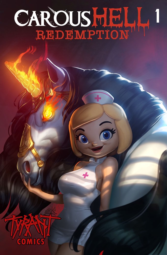 SteveRudzinski's tweet photo. The main cover for the upcoming #CarousHELL comic book. Very hyped for our silly movie series to be a multi-media "franchise", to celebrate the 10 year anniversary of the original! Tyrant Comics launched a kickstarter for pre-ordering whatever cover you want, check it out! https://t.co/P3ycPkSrEk