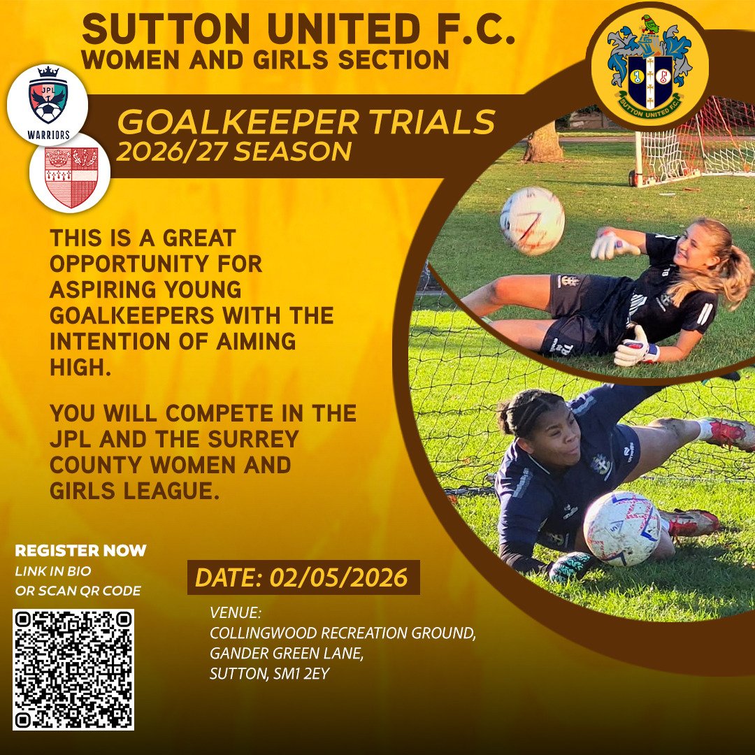 suttonfcgirls's tweet photo. Great opportunity for an aspiring young talent aiming high. You will be supported by our goalkeeping coaches every step of the way. #girlsfootball #suttonunited #suttonunitedwomen. @suttonunited @sufcfoundation @suttonutdwomen @surreyschoolsfa @jpl_warriors https://t.co/mRTIAe1REx