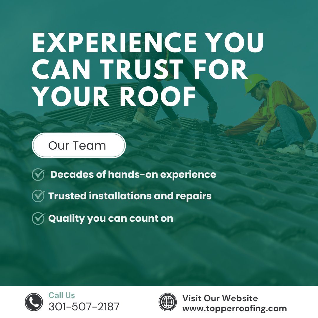 TopperRoofing's tweet image. Decades of experience = better roofs.

Topper Roofing delivers expert installation and repairs you can trust, protecting your home and investment.

Learn more about our team:
topperroofing.com/about-us/
#RoofingExperts #TopperRoofing #HomeProtection #RoofCare