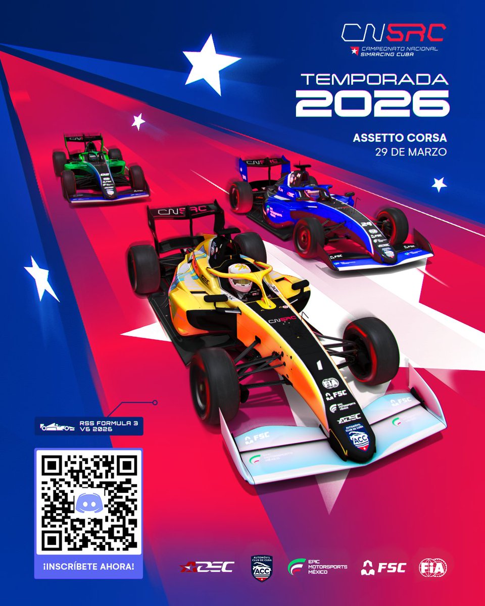 El Automóvil Club de Cuba en conjunto con la ADEC convocan Campeonato Nacional Sim Racing Cuba 2026 (CNSRC). 🏎️🏁
Los interesados en participar deben acceder a nuestro servidor de Discord para formalizar su registro:
discord.gg/ujkv9gbkyz

Comenzamos muy pronto!