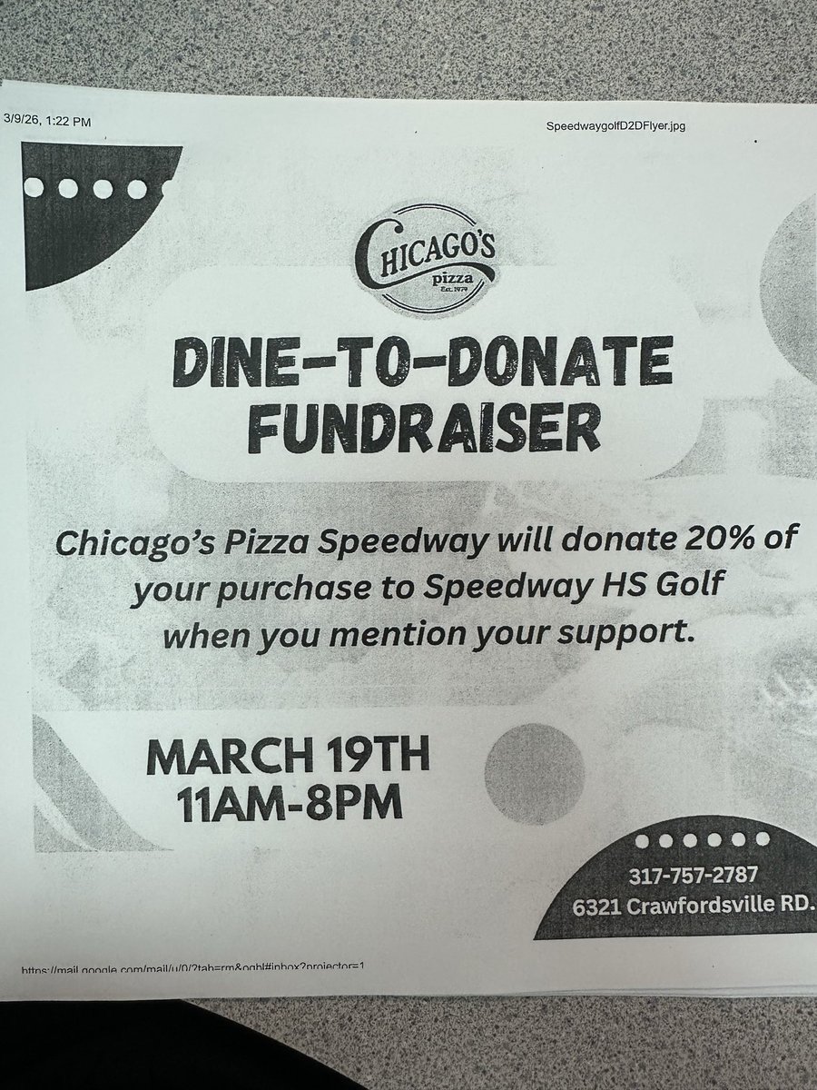 Reminder that today is the day to help the Golfing Sparkplugs earn some money for the program. Show this flyer at Chicago’s in Speedway today to help us out.  Grab a pizza or two and watch some NCAA basketball.