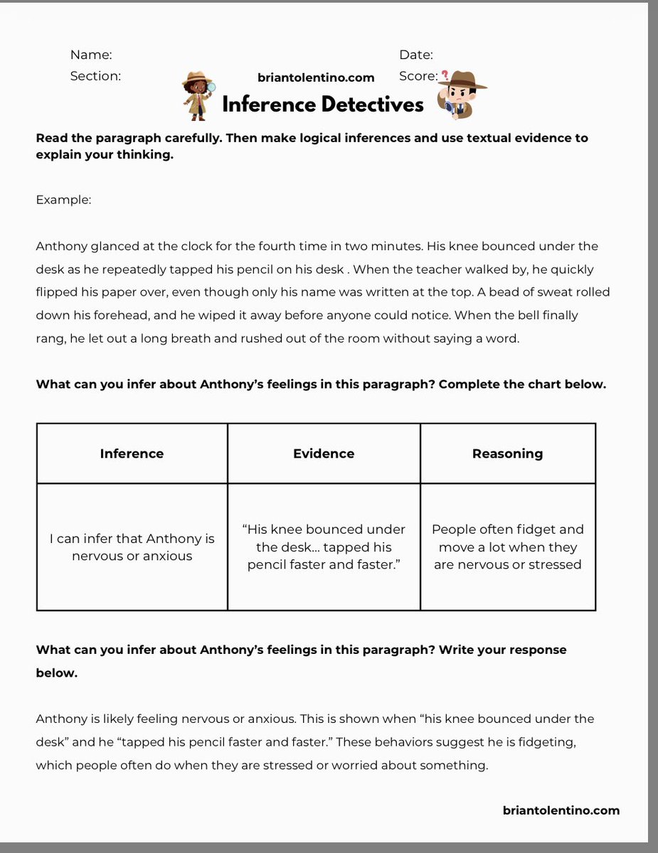 TolentinoTeach's tweet photo. Inference Detectives!

Here is an activity designed to help students practice making inferences and using textual evidence to clearly explain their reasoning.

Link: https://t.co/sXZJGwkD4T https://t.co/OJmHYIL9Gg