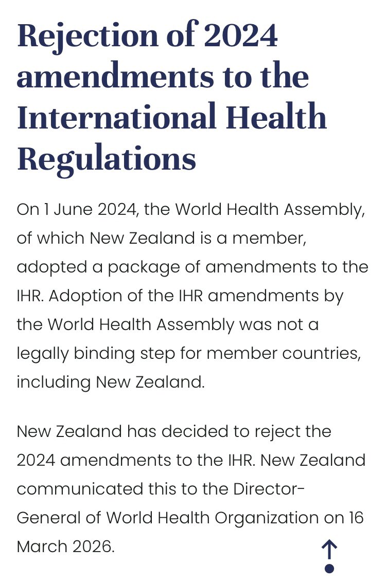 awakenindiamvmt's tweet photo. New Zealand has decided to reject the 2024 amendments to the IHR. New Zealand communicated this to the Director-General of World Health Organization on 16 March 2026.

https://t.co/LhCQs0gIdS https://t.co/fFb5bGrWom