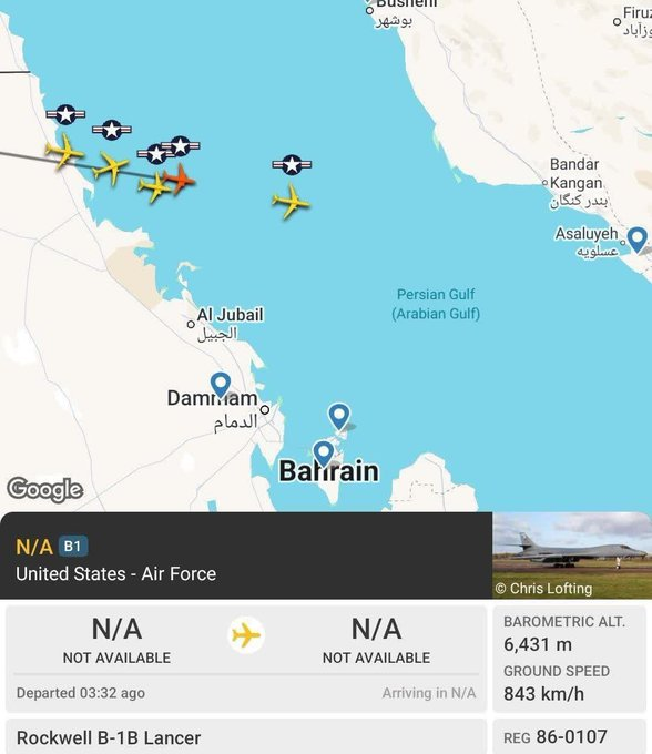 🇺🇸🇮🇷⚡️ – Al menos 5 bombarderos estratégicos B-1B Lancer se dirigen hacia Irán para una campaña de bombardeos intensos. Han apagado sus transpondedores sobre el Golfo Pérsico.

El Reino Unido alberga estos aviones y es probable que Irán pronto ponga en el punto de mira los