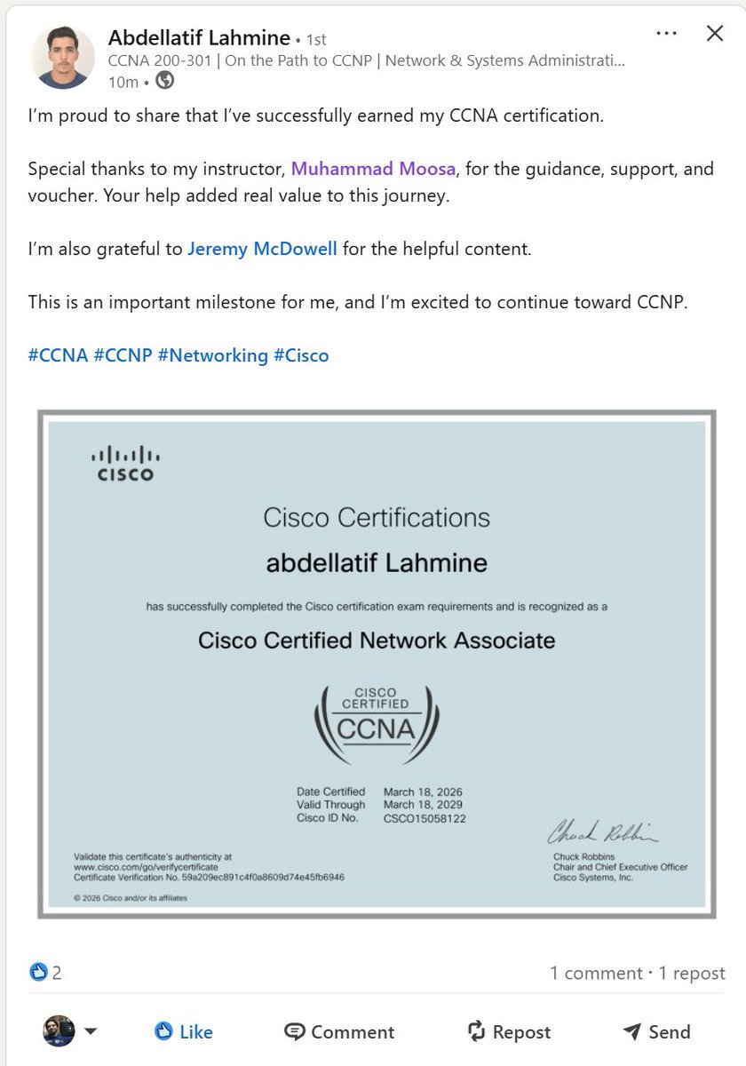 mmusaktk's tweet photo. CCNA Passed 🥳 with 58% voucher code.

Join the current free batch to get yours:
2026-Feb: CCNA ITN
 https://t.co/UxbpDMjaZV

Join the Webex Group for support and help: https://t.co/DIMS2vRloP https://t.co/8NTLK1PF50