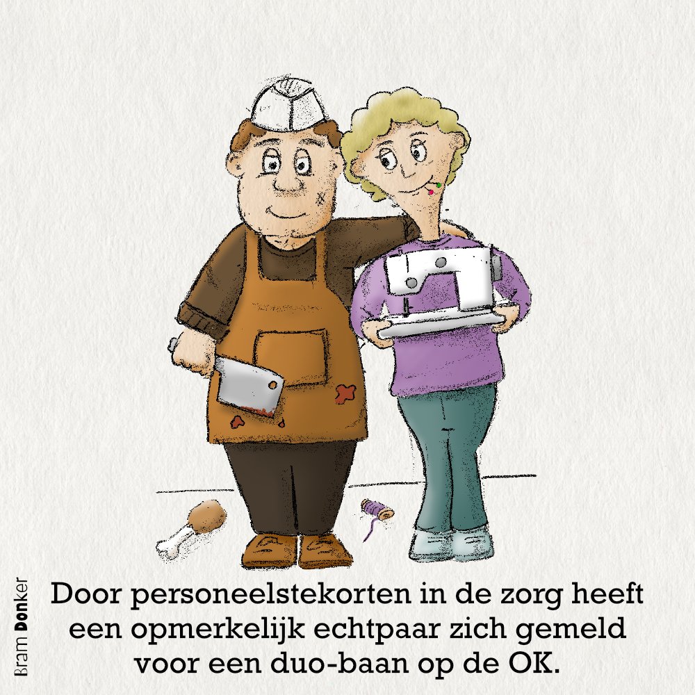 Ron, slager van beroep, ziet zijn werk teruglopen door de groei van plantaardig eten. Zijn vrouw Carla, naaister, heeft minder opdrachten door de opkomst van goedkope kleding uit het buitenland. Inmiddels zijn ze nu werkzaam op de OK. Ron doet het snijwerk en Carla het hechten.