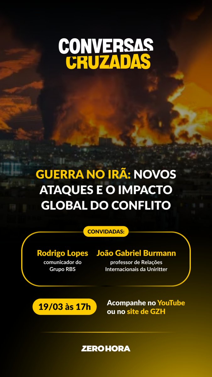 jgburmann's tweet photo. Hoje à tarde, as 17h, participarei do Conversas Cruzadas, no Youtube da @gzhdigital, analisando os últimos desdobramentos da Guerra no Irã. 

Compartilho o link da transmissão:  https://t.co/ZNjIRgiBTM https://t.co/3Qwirno8N2