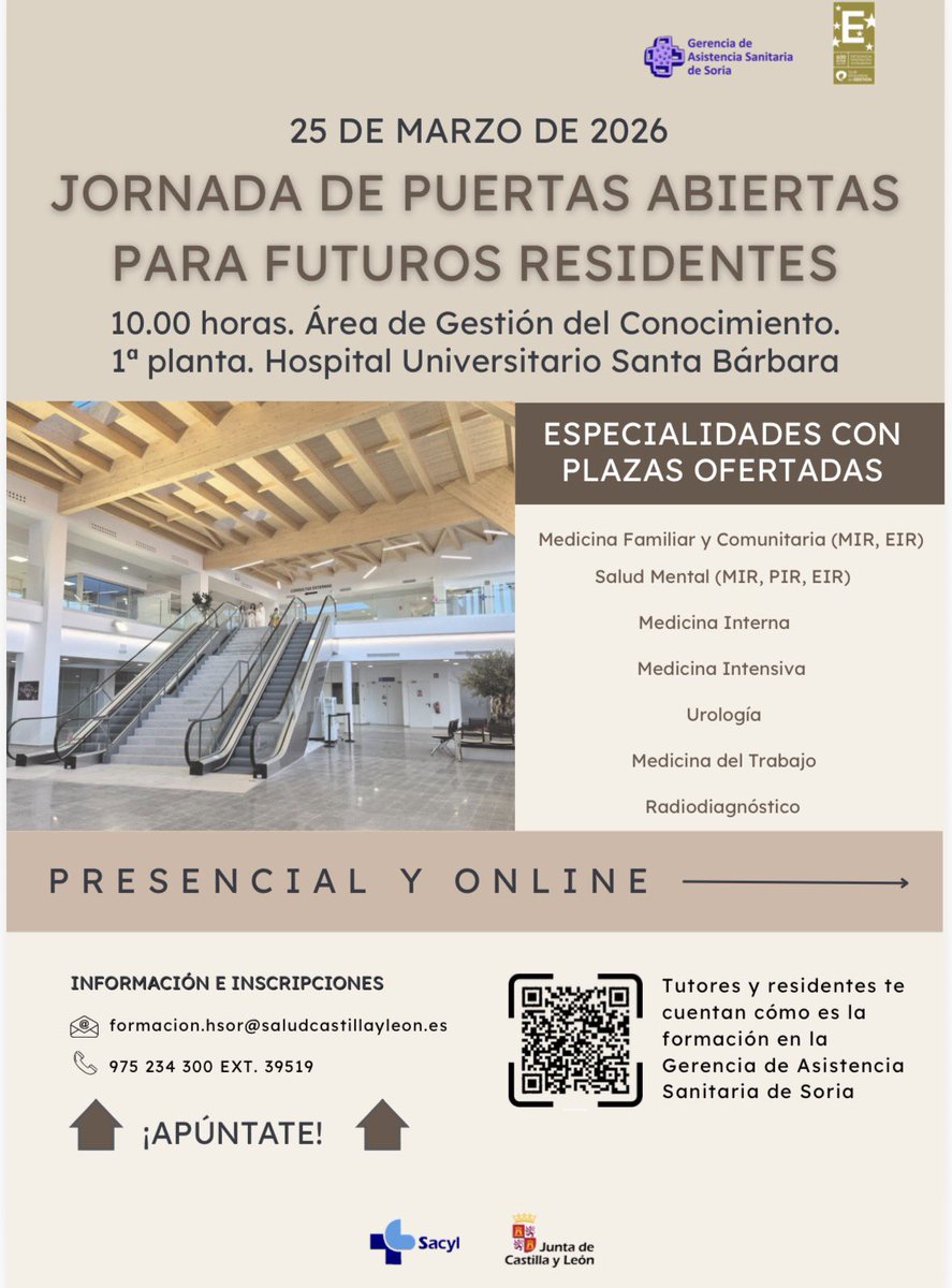 DocenciaSoria1's tweet photo. Quedan 6 días para nuestra jornada de puertas abiertas😄

📅Miércoles 25 de marzo
⏰10:00hrs
🏥Aula de docencia, primera planta, Hospital Santa Bárbara de Soria

📚Conoce nuestra oferta #MIR, #EIR, #PIR

Te esperamos!!!

Info👇 https://t.co/Lxi1fhtcjw